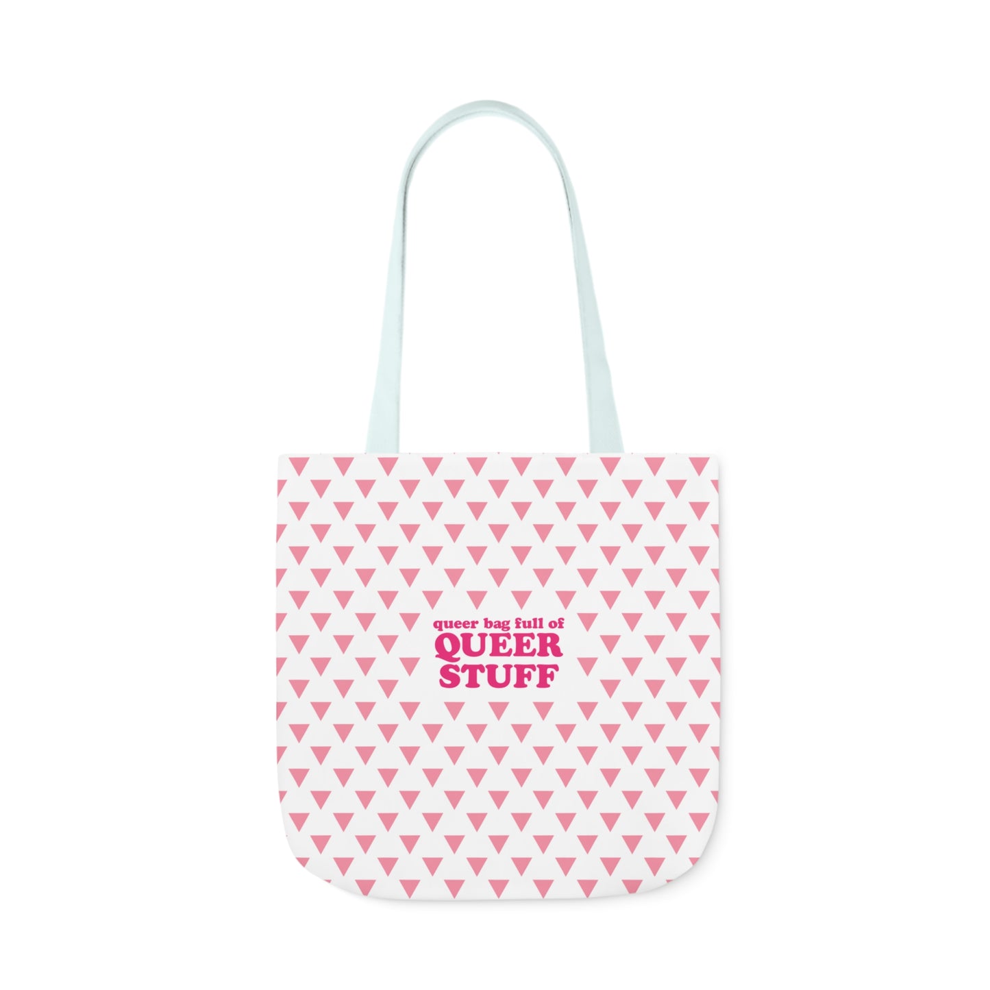 Queer Bag Full of QUEER STUFF Canvas Tote Bag - White with Pink Deck; Straps in White, Light Blue and Light Pink