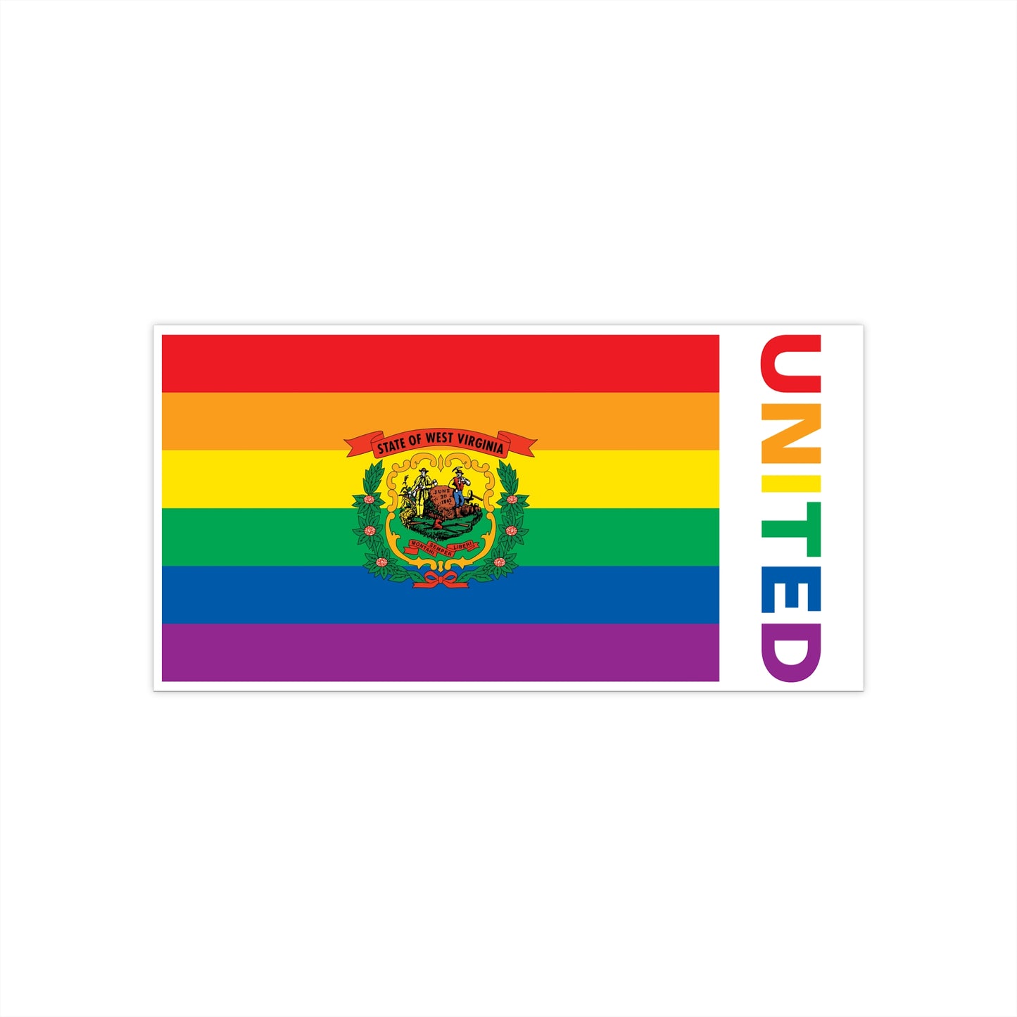 West Virginia Rainbow Pride Flag "UNITED" Bumper Sticker