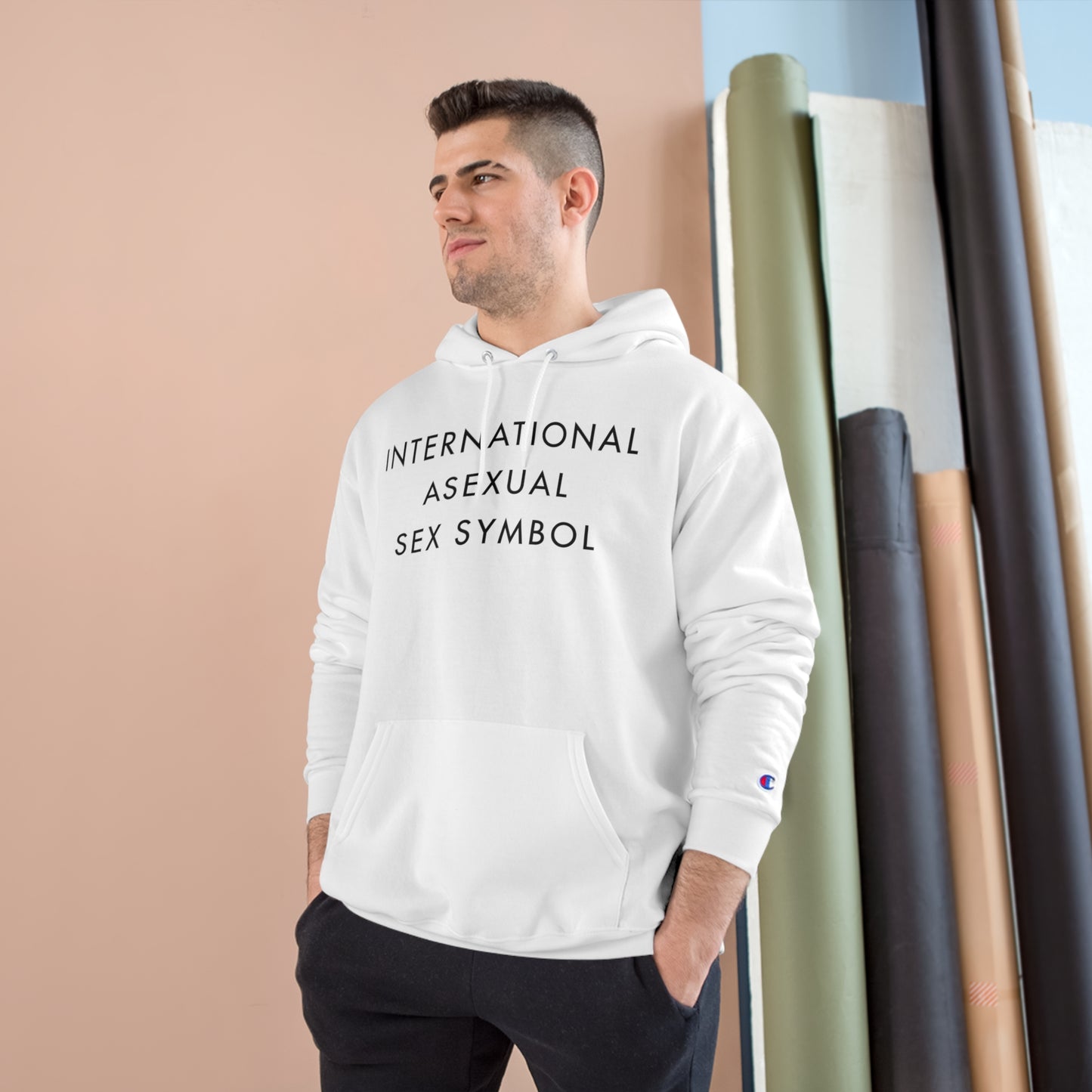 International Asexual Sex Symbol Champion Hoodie - White and Light Steel with Black Deco