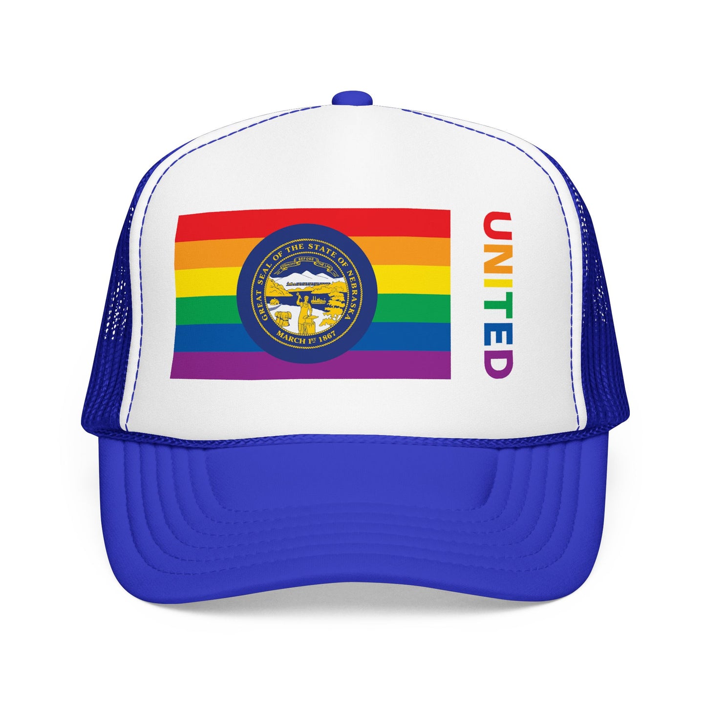 Nebraska Rainbow Pride Flag "UNITED" Printed Foam Trucker Hat, Several Color Options