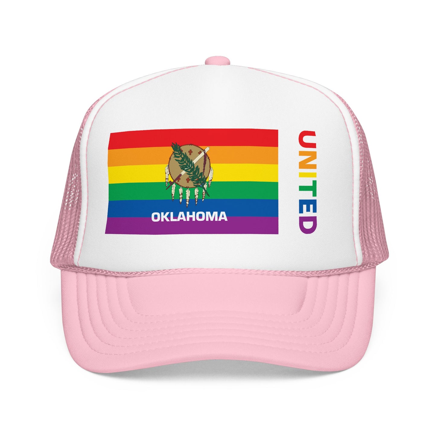 Oklahoma Rainbow Pride Flag "UNITED" Printed Foam Trucker Hat, Several Color Options