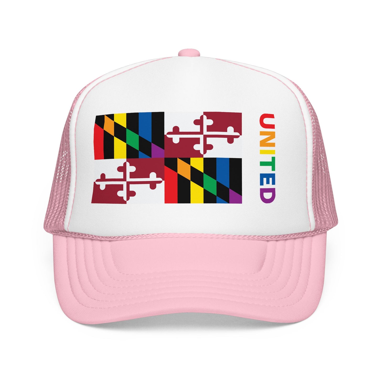 Maryland Rainbow Pride Flag "UNITED" Printed Foam Trucker Hat, Several Color Options