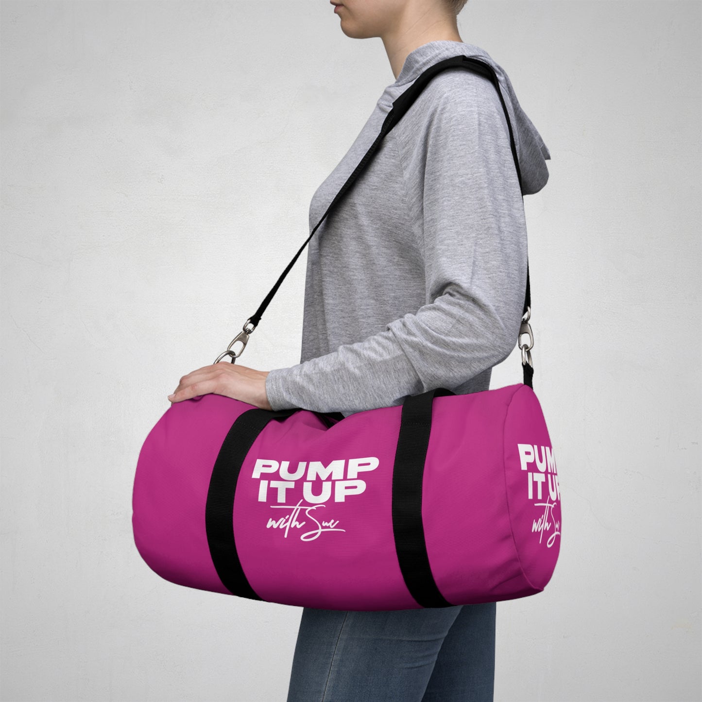 Pump It Up with Sue Duffel Bag - Pink with White Deco