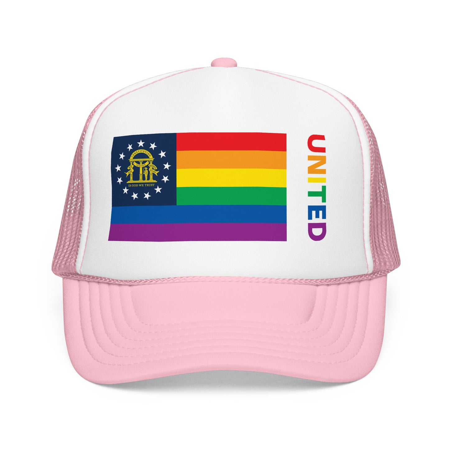 Georgia Rainbow Pride Flag "UNITED" Printed Foam Trucker Hat, Several Color Options