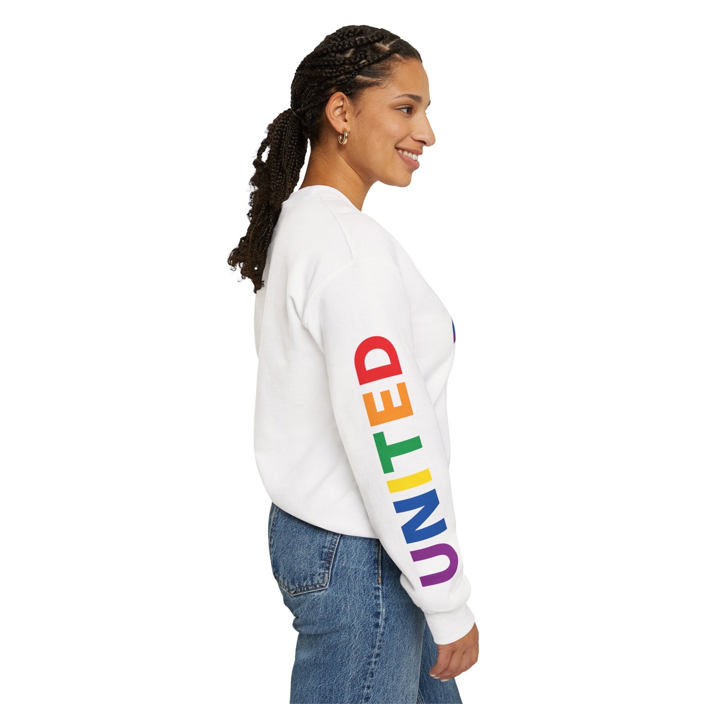 Alabama Rainbow Pride Flag, "UNITED" Rainbow Printed Sleeve Design, Unisex Crewneck Sweatshirt