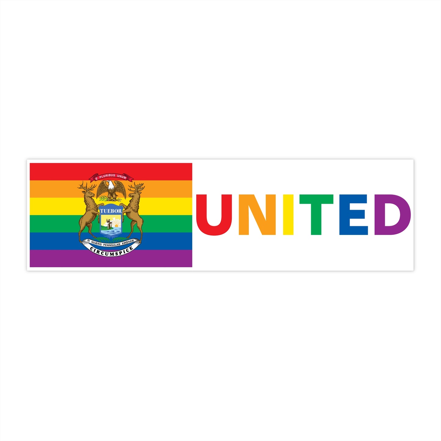 Michigan Rainbow Pride Flag "UNITED" Bumper Sticker