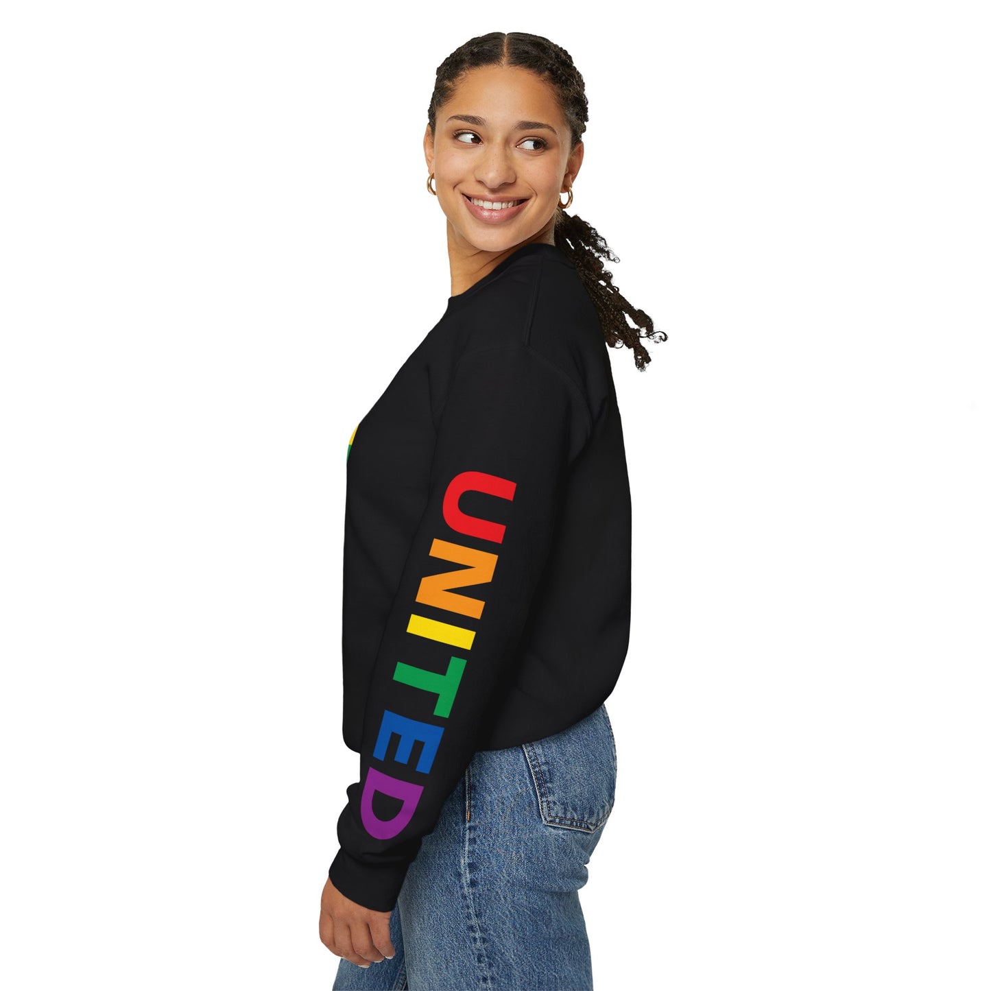 Alabama Rainbow Pride Flag, "UNITED" Rainbow Printed Sleeve Design, Unisex Crewneck Sweatshirt