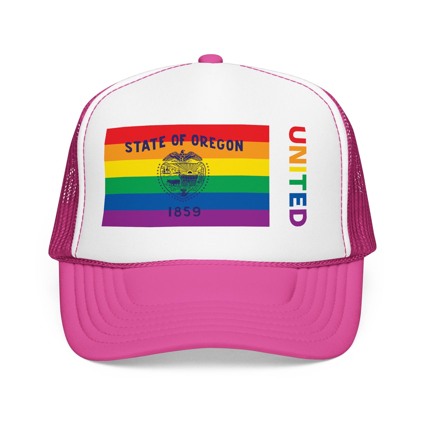 Oregon Rainbow Pride Flag "UNITED" Printed Foam Trucker Hat, Several Color Options
