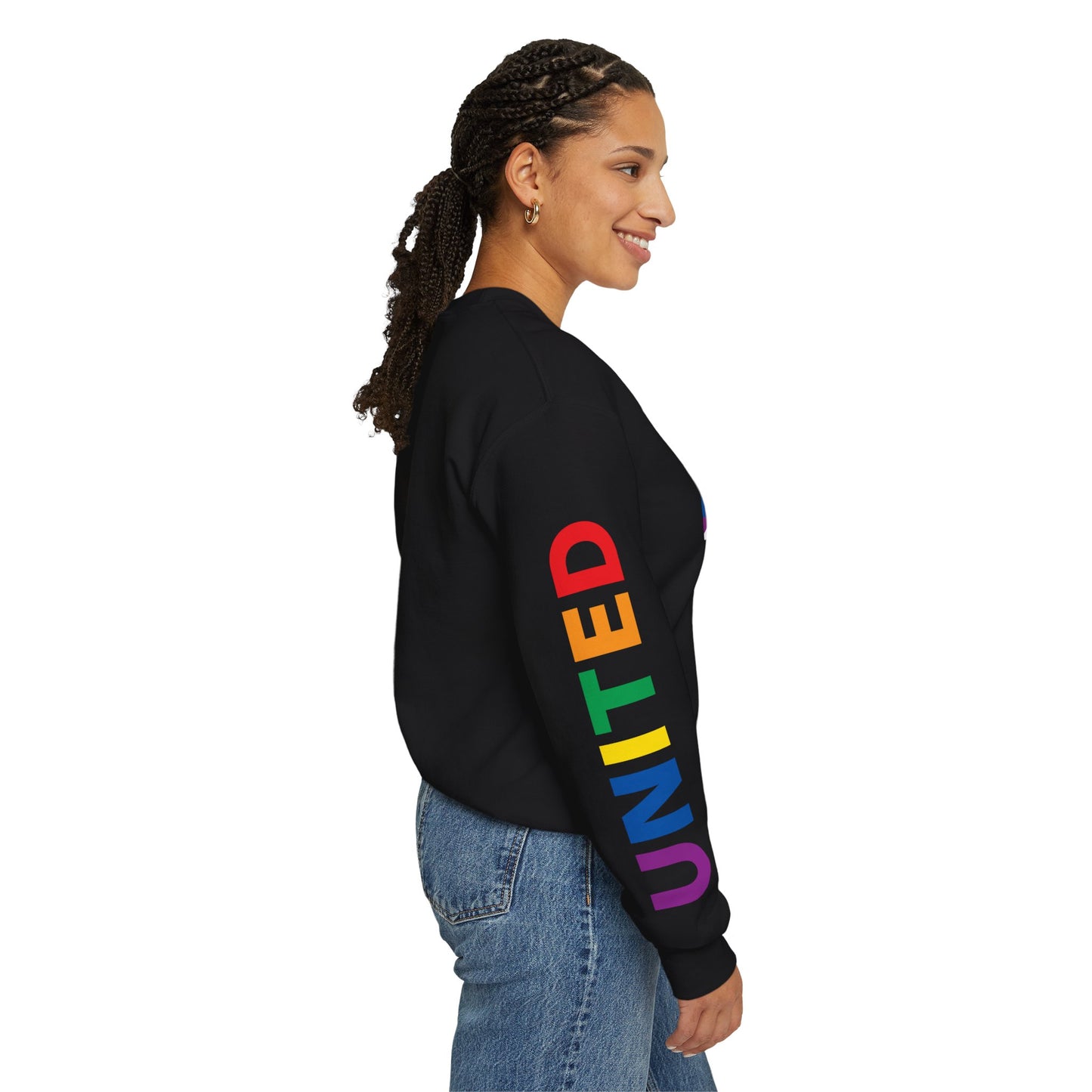 Alabama Rainbow Pride Flag, "UNITED" Rainbow Printed Sleeve Design, Unisex Crewneck Sweatshirt
