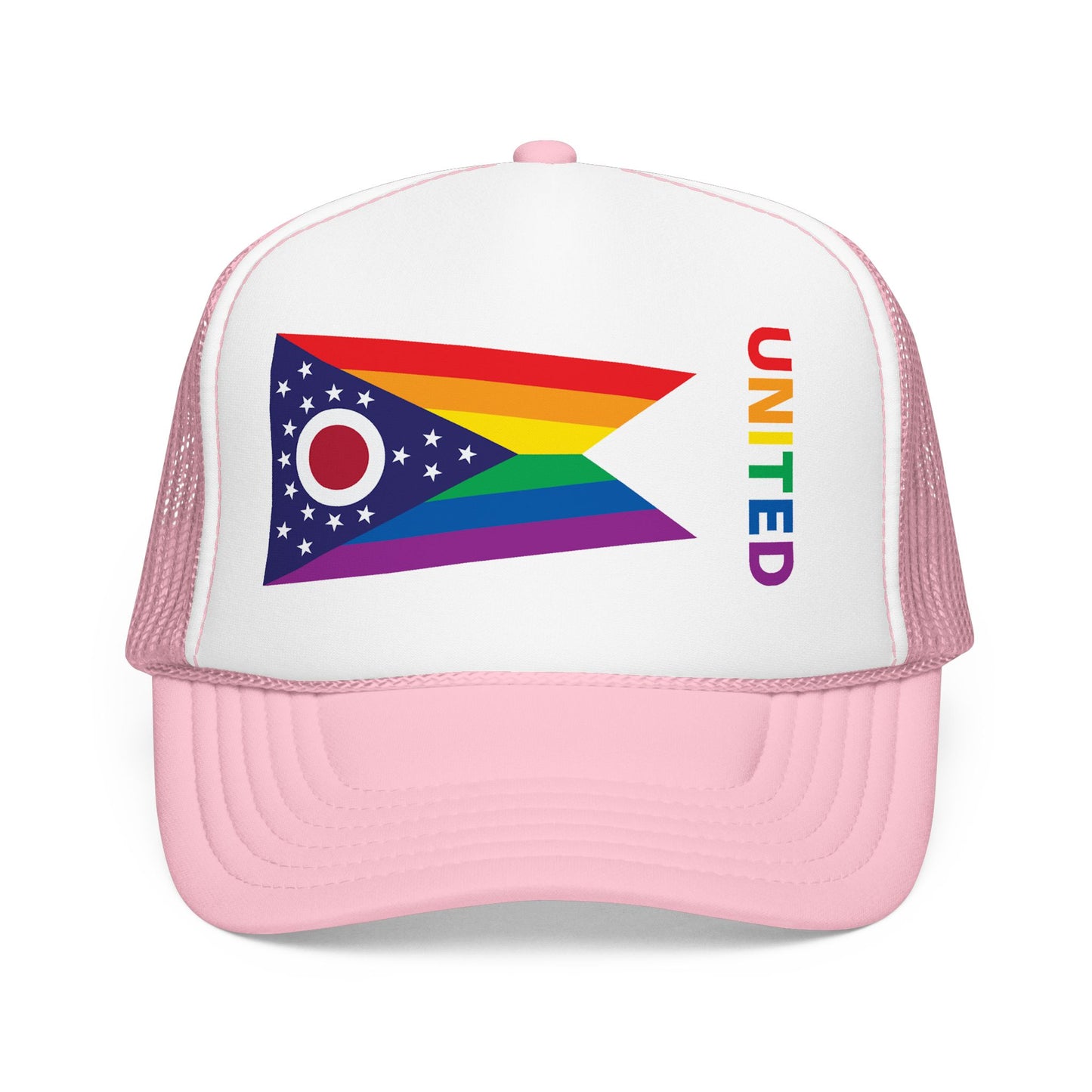 Ohio Rainbow Pride Flag "UNITED" Printed Foam Trucker Hat, Several Color Options