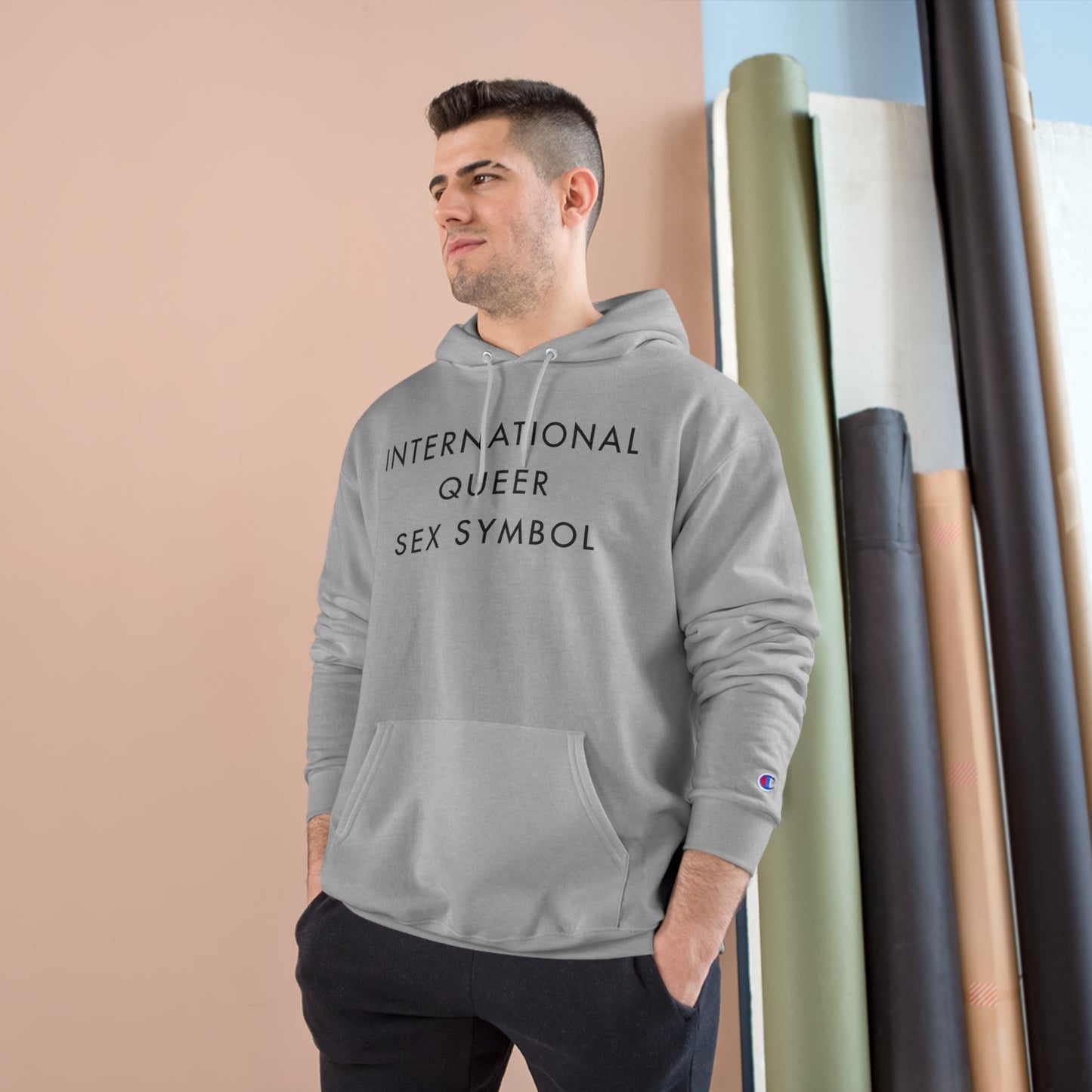 International Queer Sex Symbol Champion Hoodie - White and Light Steel with Black Deco