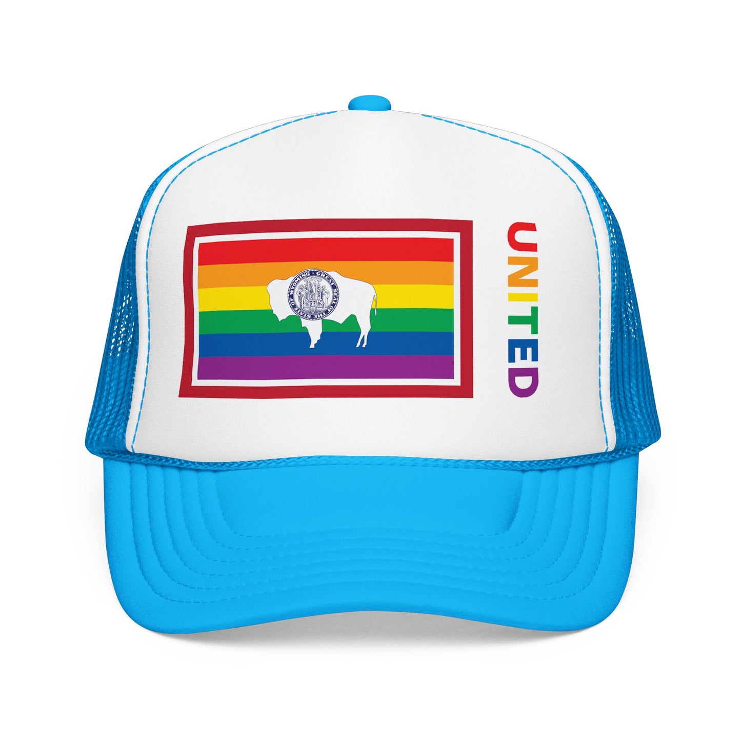 Wyoming Rainbow Pride Flag "UNITED" Printed Foam Trucker Hat, Several Color Options