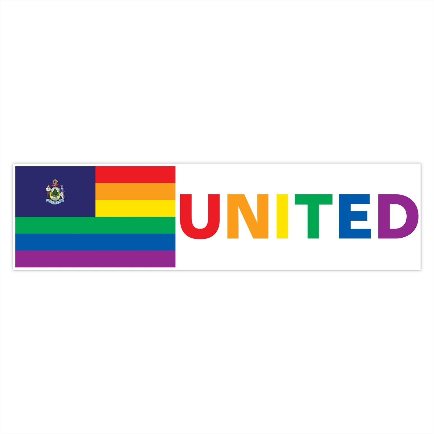 Maine Rainbow Pride Flag "UNITED" Bumper Sticker
