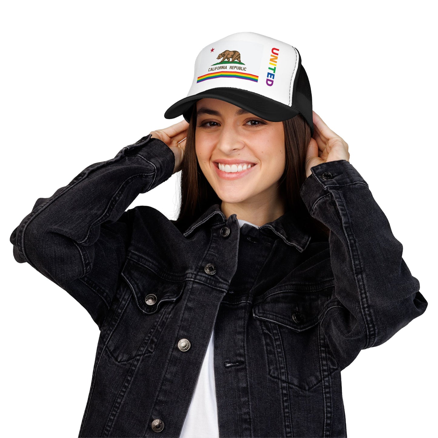 California Rainbow Pride Flag "UNITED" Printed Foam Trucker Hat, Several Color Options