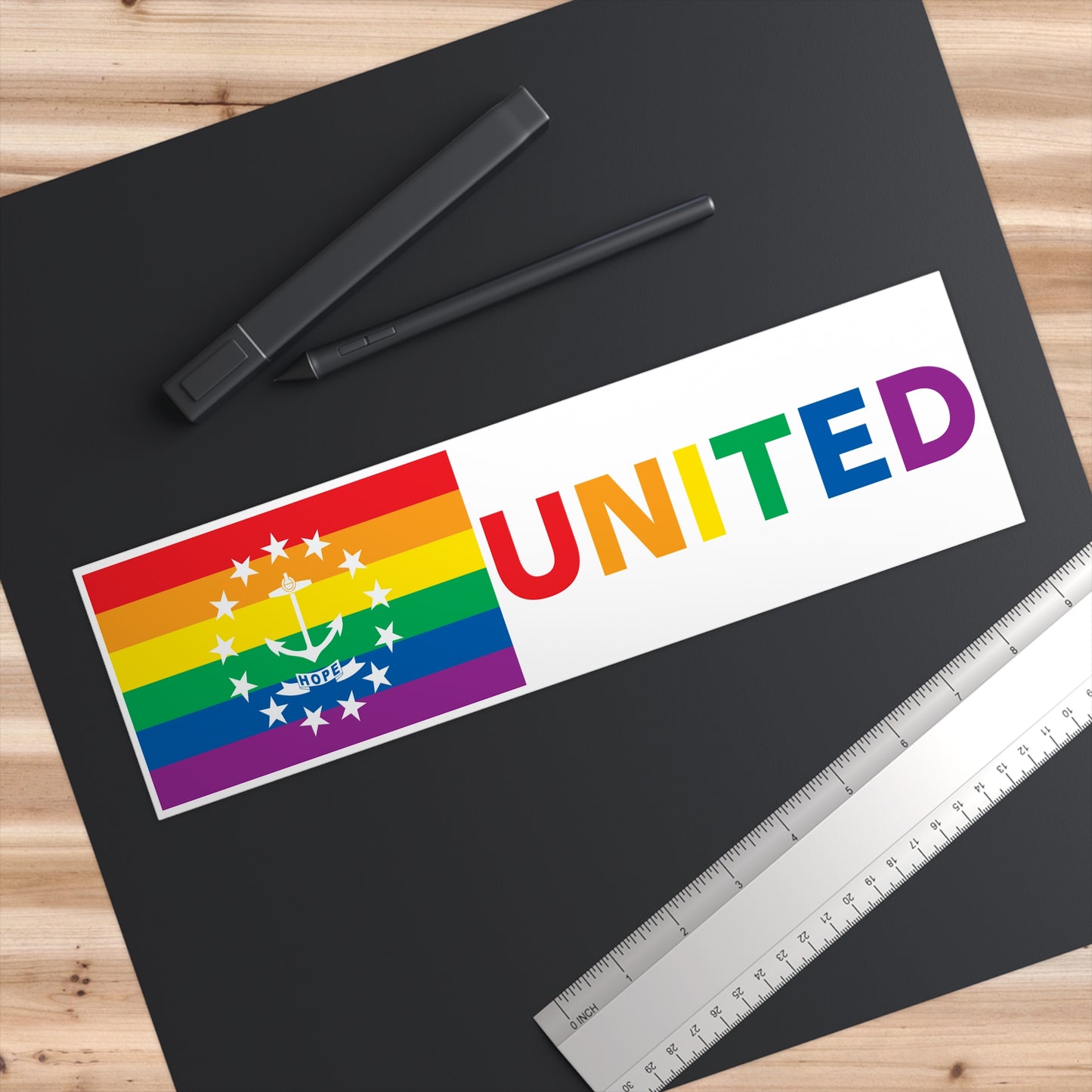Rhode Island Rainbow Pride Flag "UNITED" Bumper Sticker