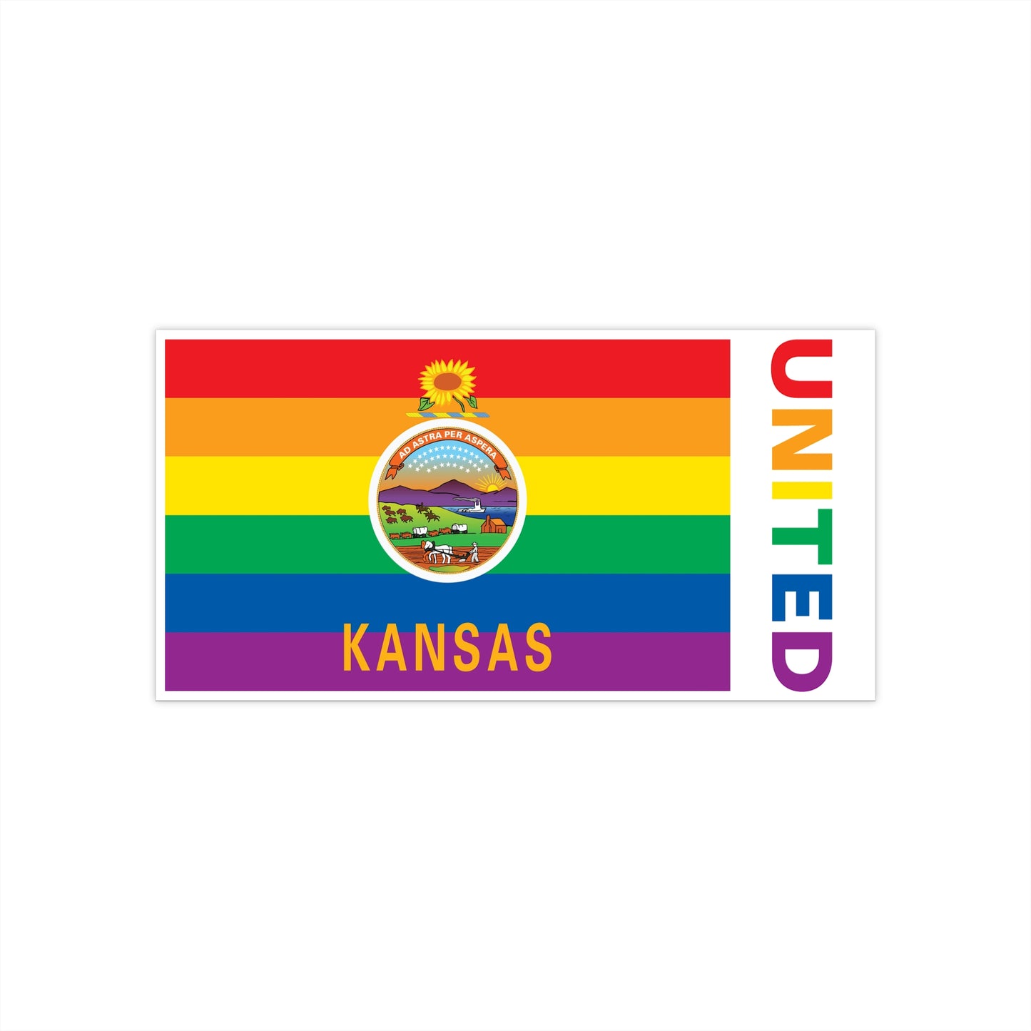 Kansas Rainbow Pride Flag "UNITED" Bumper Sticker