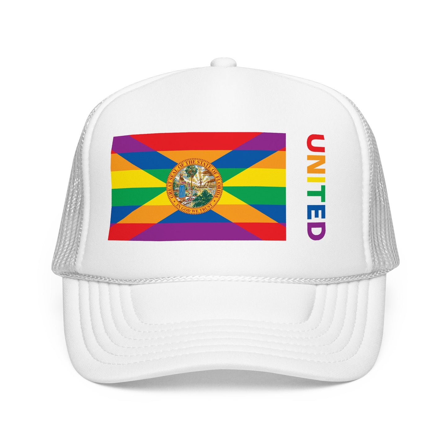 Florida Rainbow Pride Flag "UNITED" Printed Foam Trucker Hat, Several Color Options