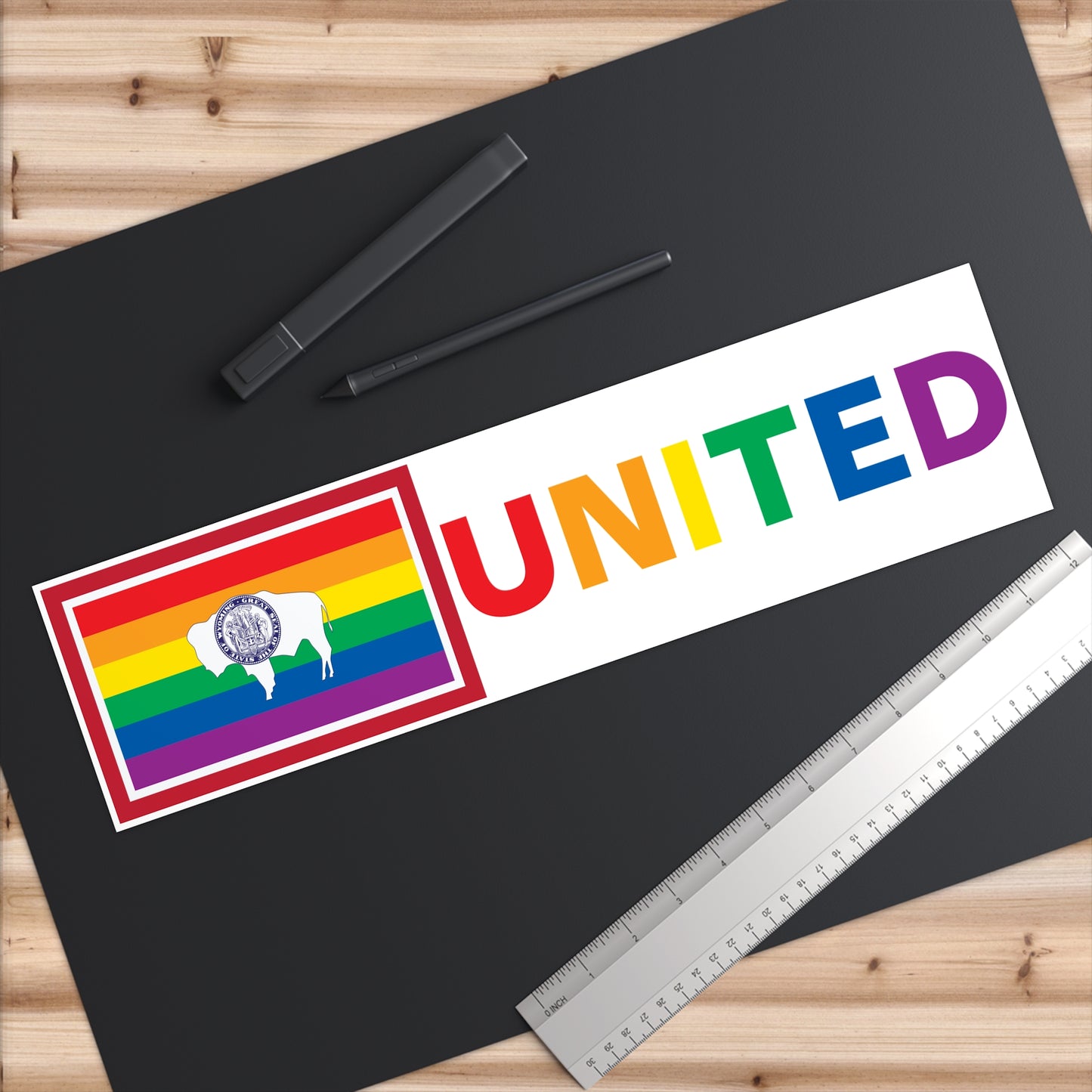 Wyoming Rainbow Pride Flag "UNITED" Bumper Sticker