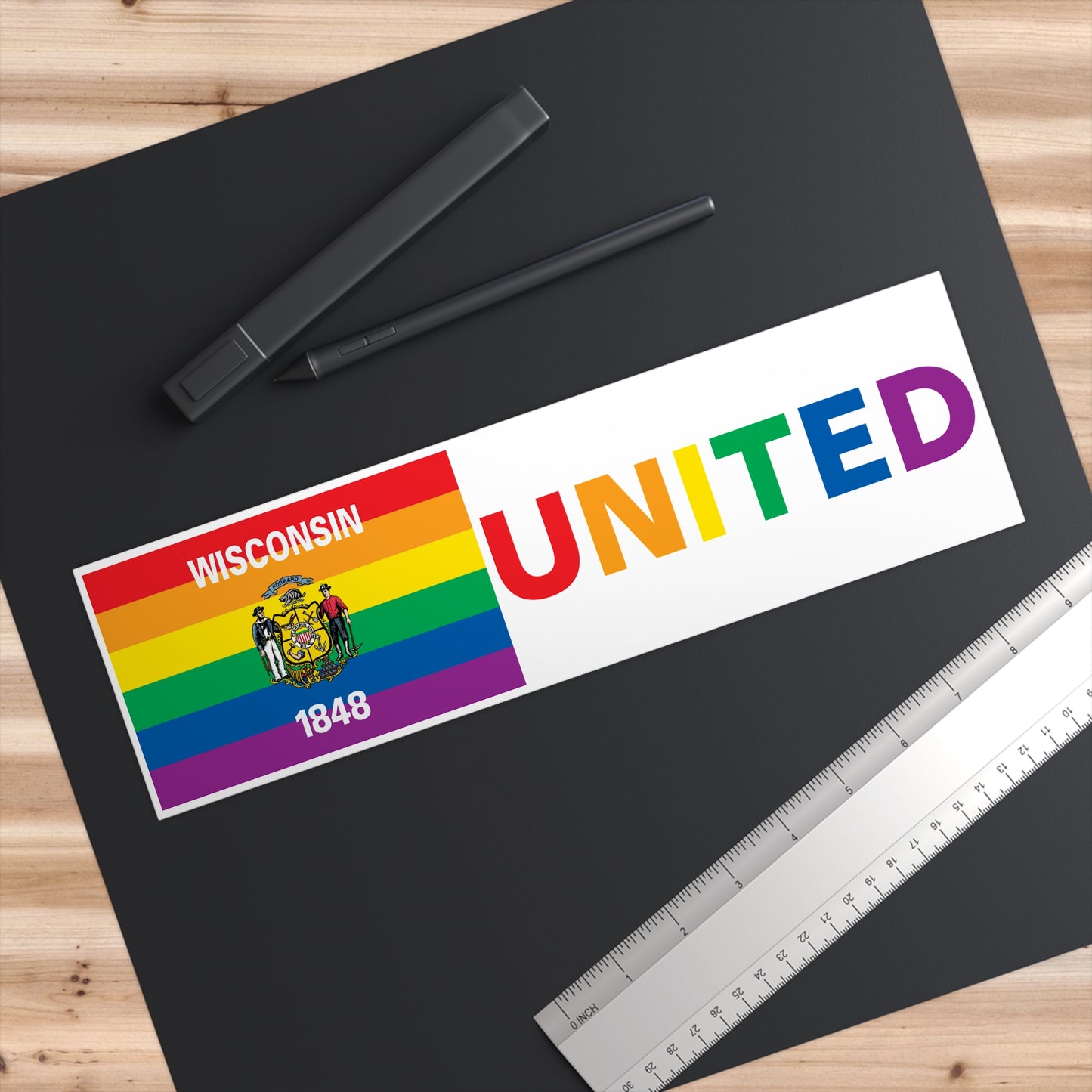 Wisconsin Rainbow Pride Flag "UNITED" Bumper Sticker