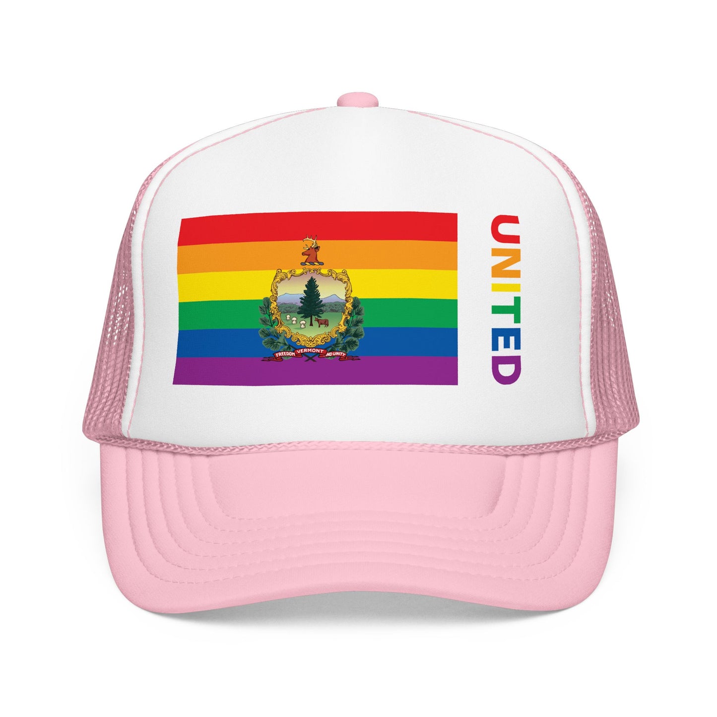 Vermont Rainbow Pride Flag "UNITED" Printed Foam Trucker Hat, Several Color Options