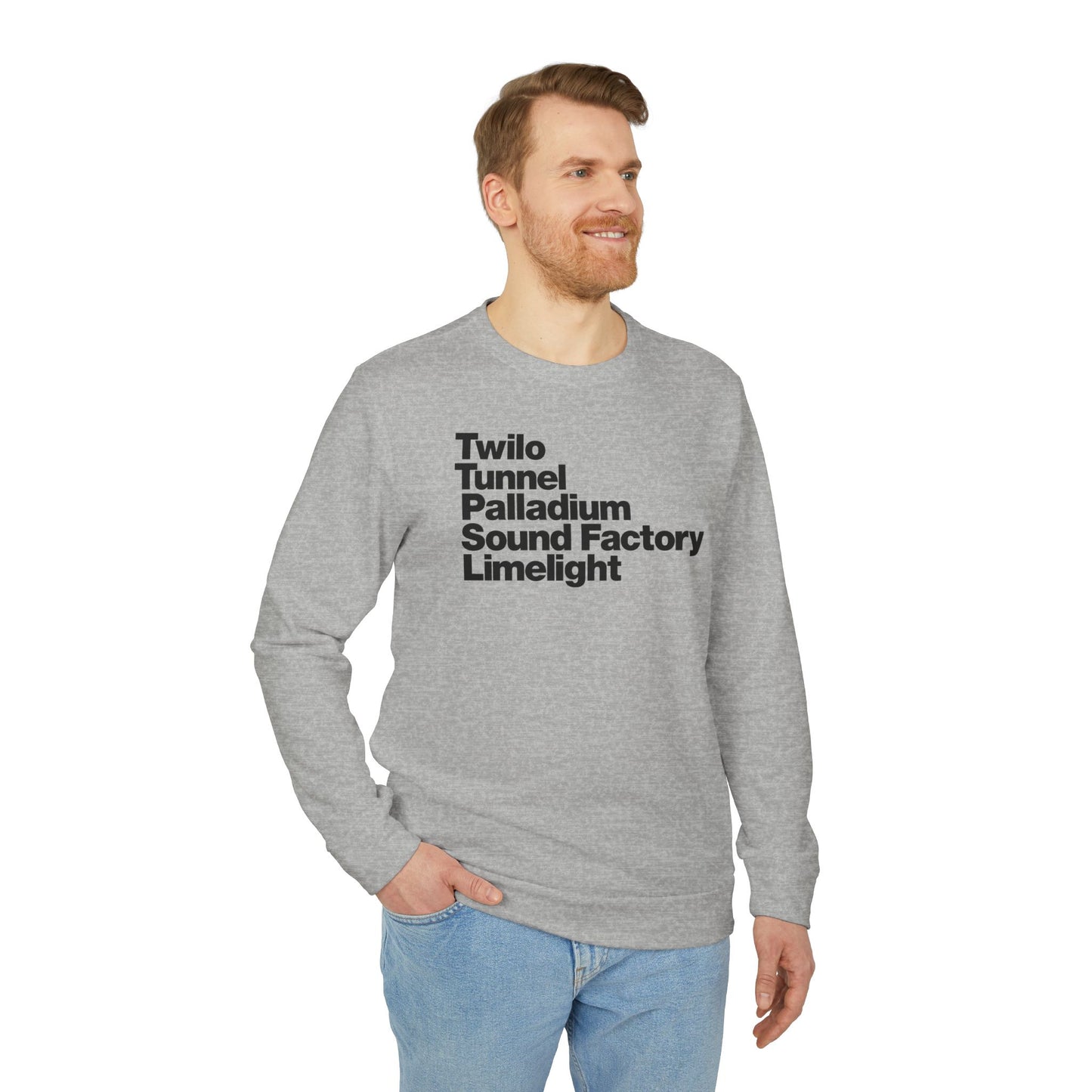 Twilo Tunnel Limelight Palladium Sound Factory Adidas® Fleece Crewneck Sweatshirt - NYC 90s Nightlife Collection - Black Deco on Gray Heather