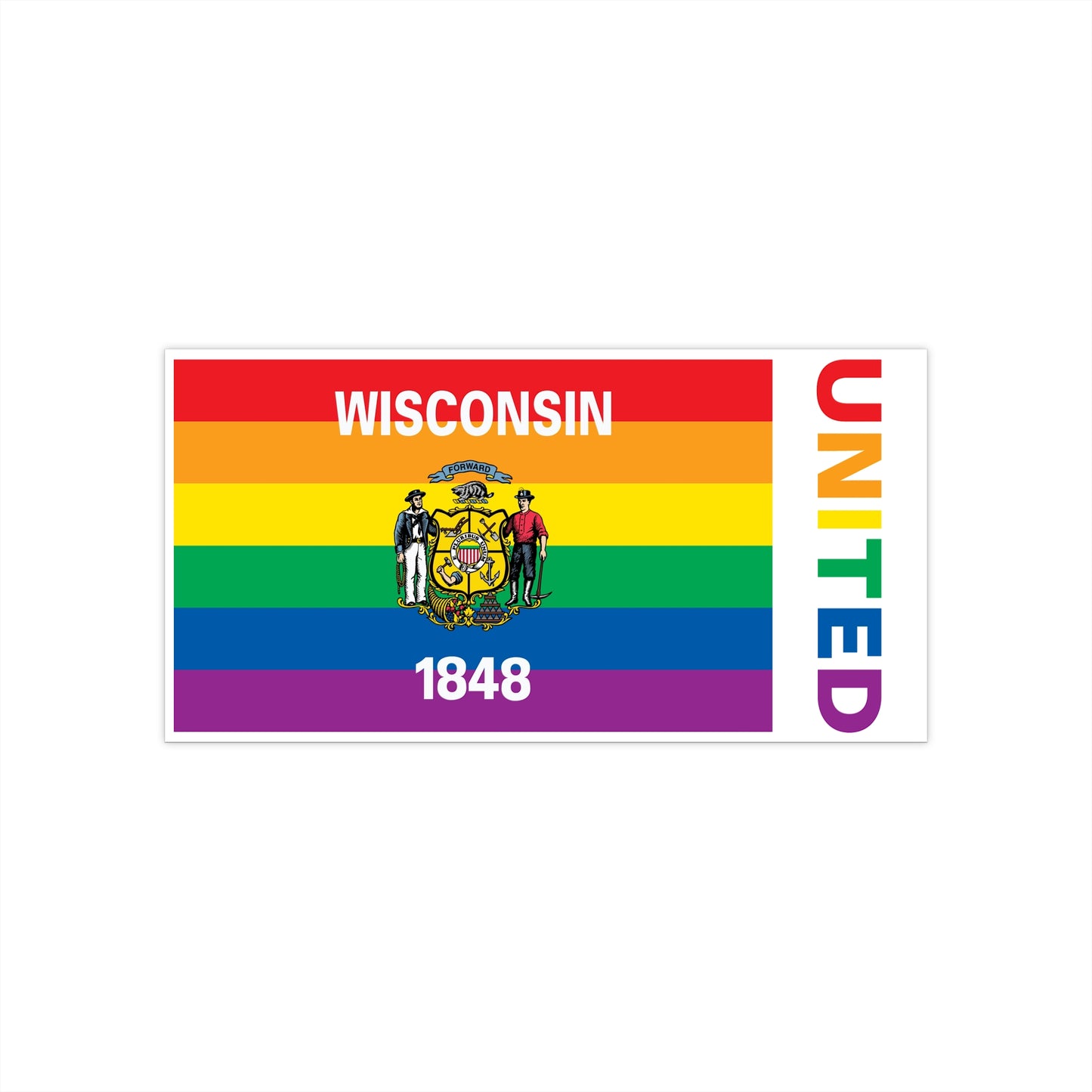 Wisconsin Rainbow Pride Flag "UNITED" Bumper Sticker