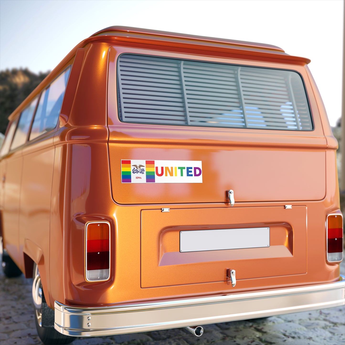 Iowa Rainbow Pride Flag "UNITED" Bumper Sticker