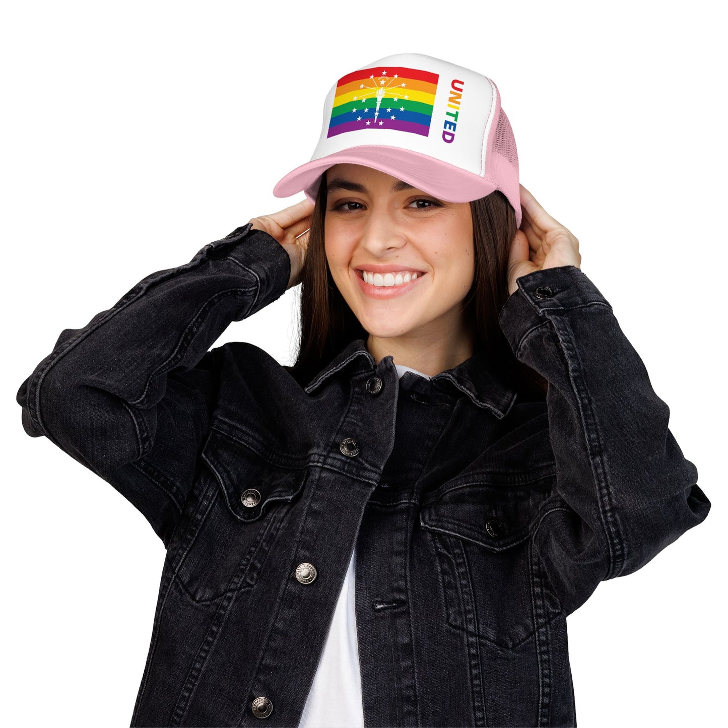 Indiana Rainbow Pride Flag "UNITED" Printed Foam Trucker Hat, Several Color Options