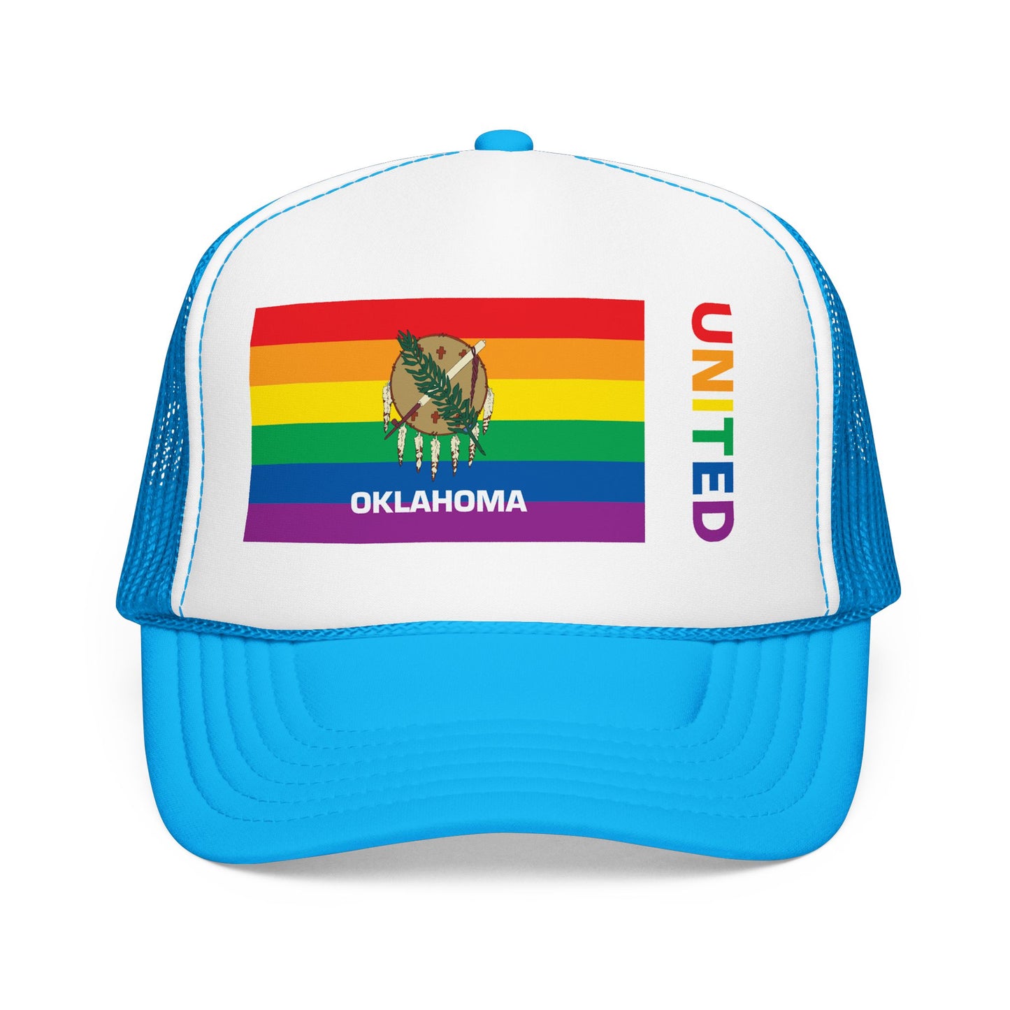 Oklahoma Rainbow Pride Flag "UNITED" Printed Foam Trucker Hat, Several Color Options