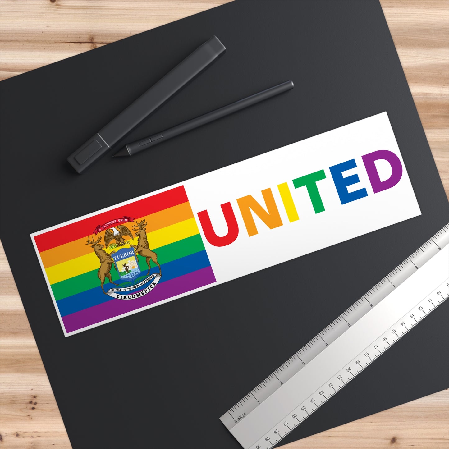 Michigan Rainbow Pride Flag "UNITED" Bumper Sticker