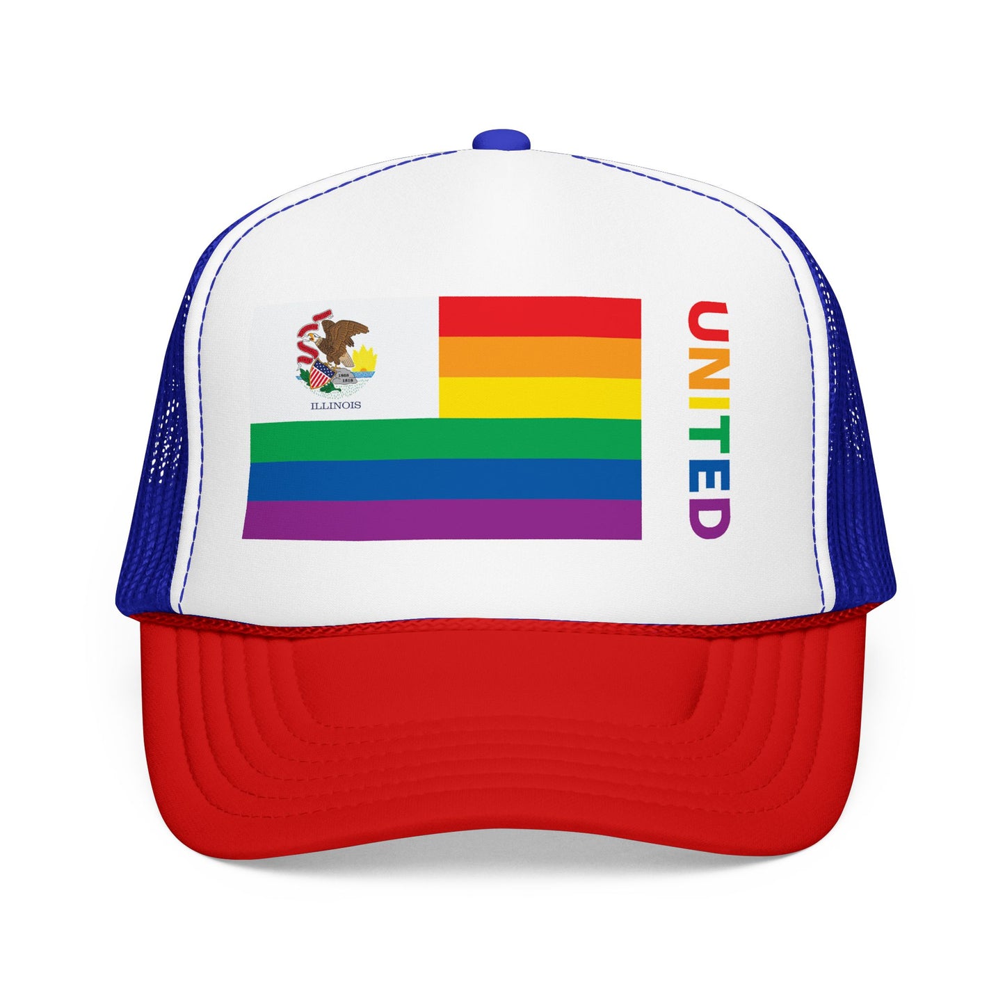 Illinois Rainbow Pride Flag "UNITED" Printed Foam Trucker Hat, Several Color Options