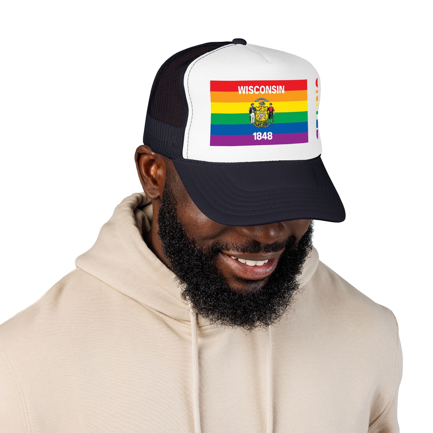 Wisconsin Rainbow Pride Flag "UNITED" Printed Foam Trucker Hat, Several Color Options