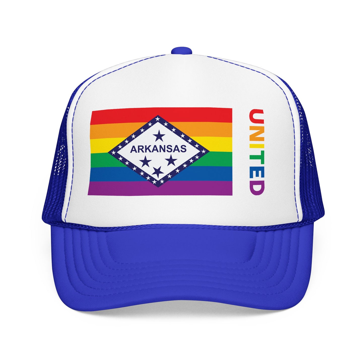 Arkansas Rainbow Pride Flag "UNITED" Printed Foam Trucker Hat, Several Color Options