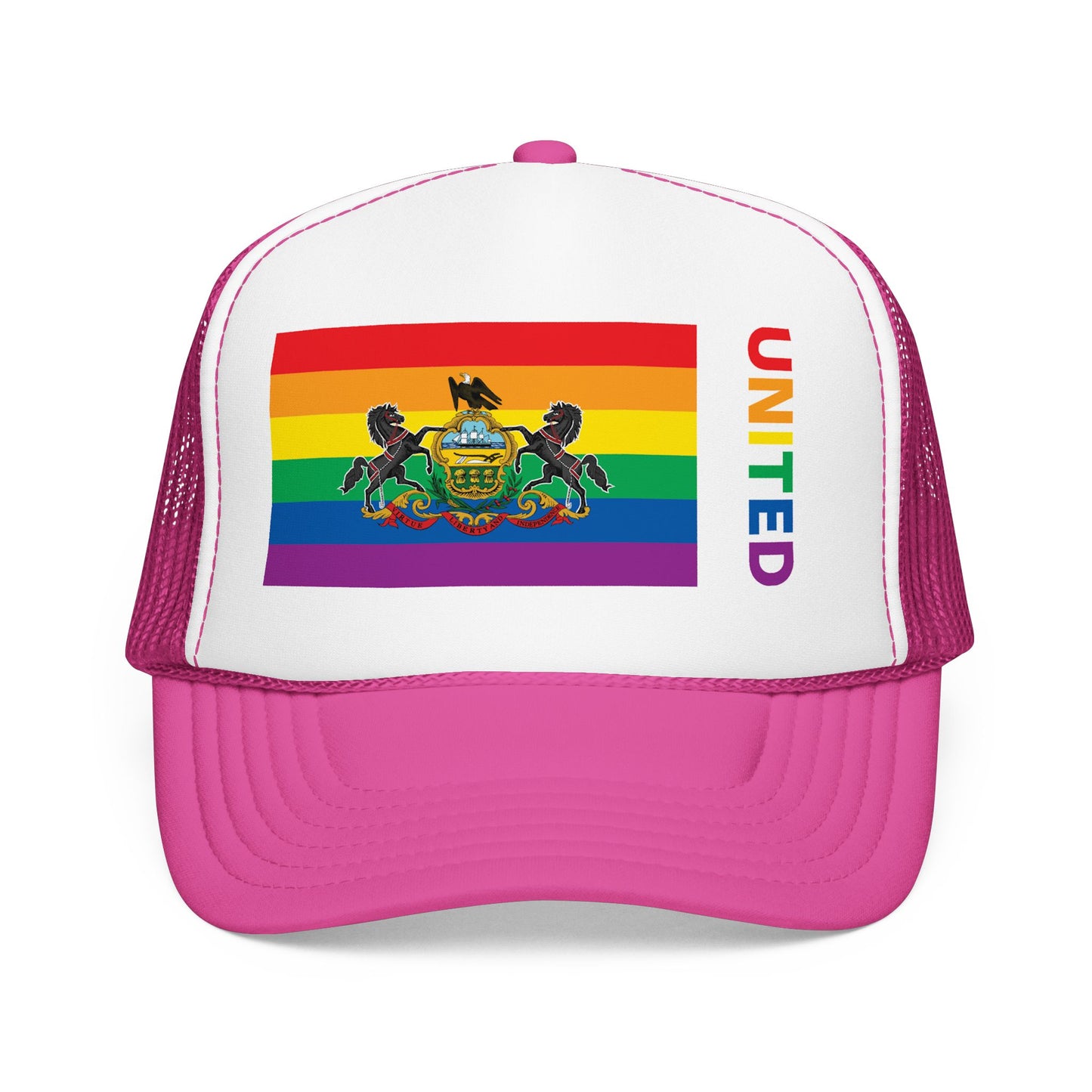 Pennsylvania Rainbow Pride Flag "UNITED" Printed Foam Trucker Hat, Several Color Options