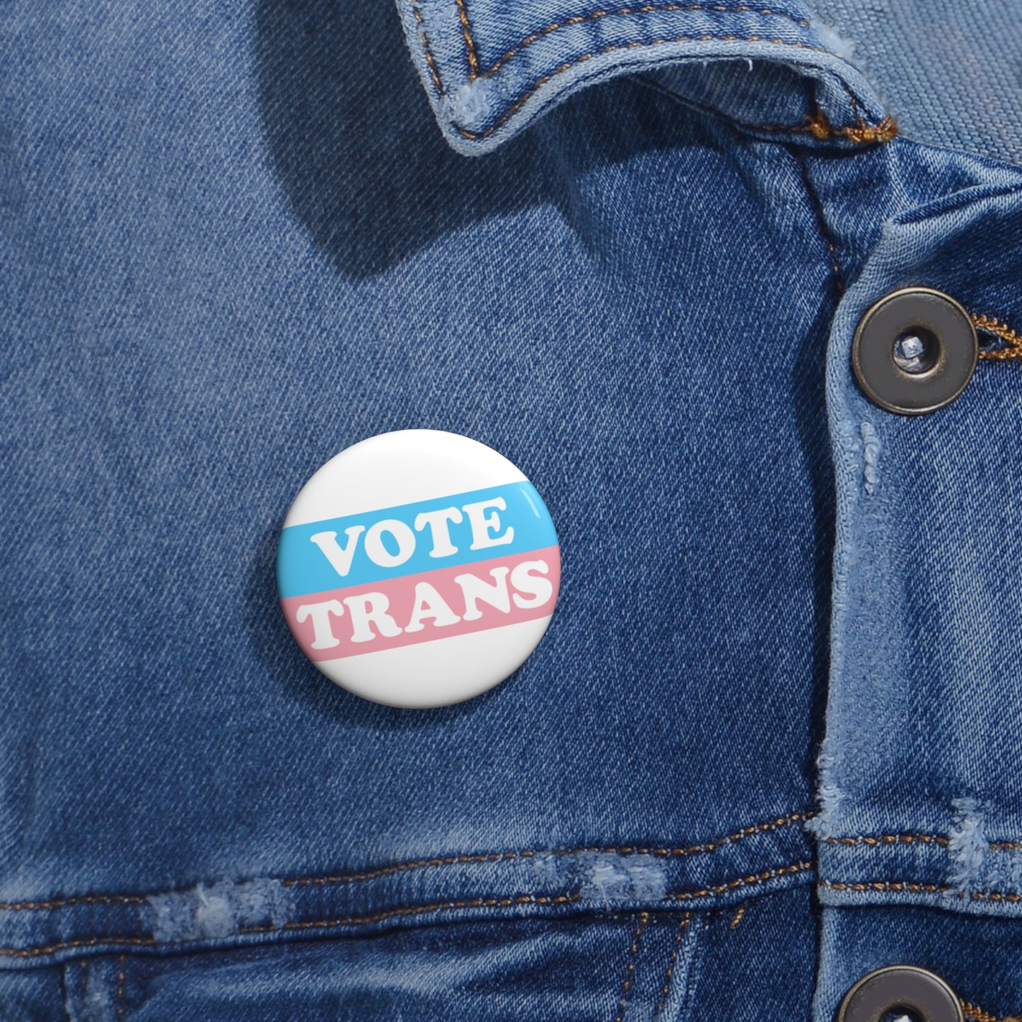 VOTE TRANS Activism Pin Button, White on Transgender Pride Colors