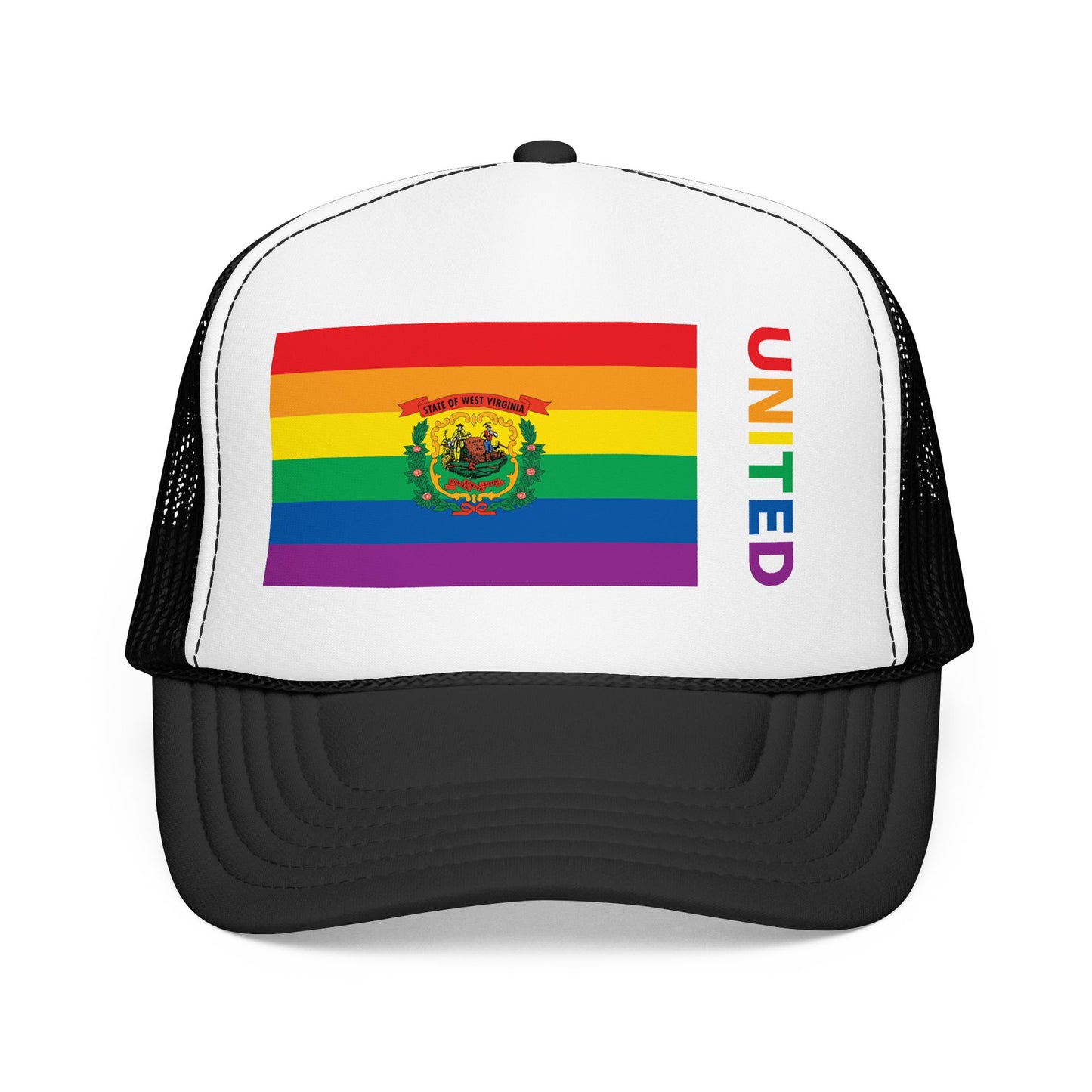 West Virginia Rainbow Pride Flag "UNITED" Printed Foam Trucker Hat, Several Color Options