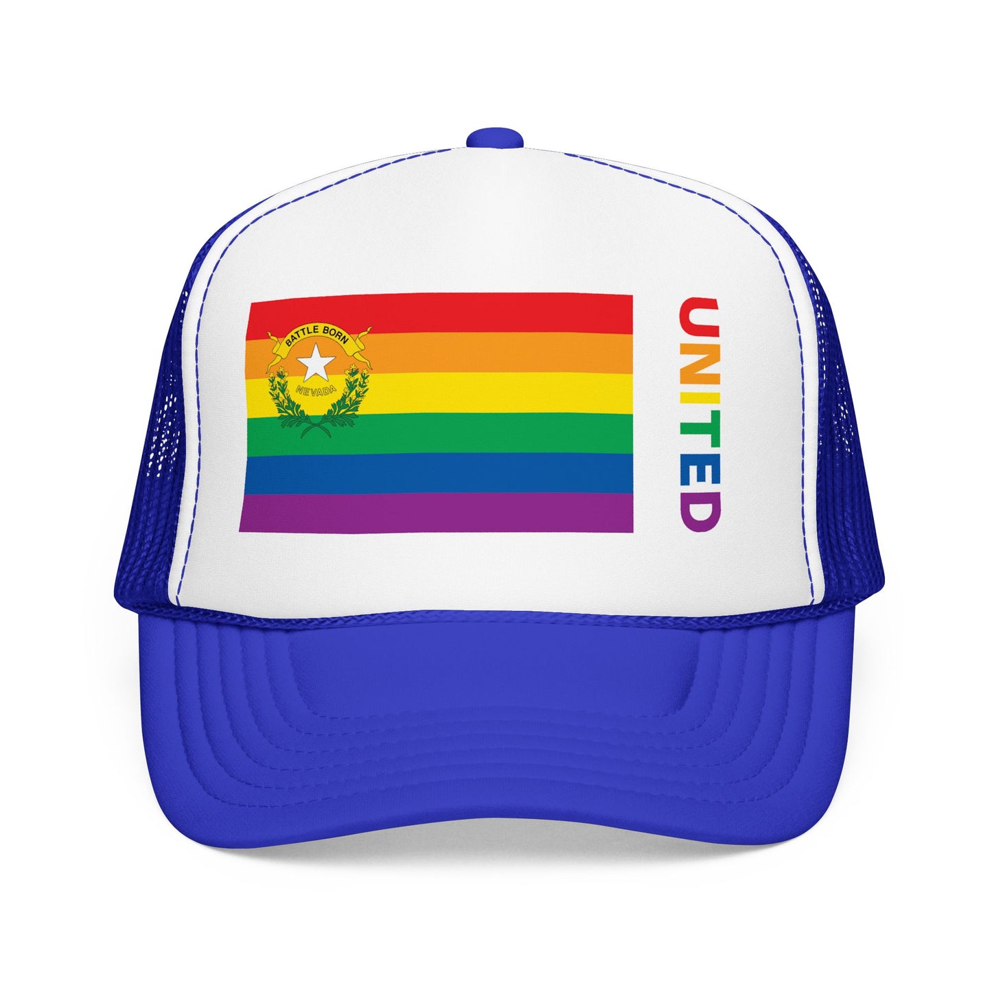 Nevada Rainbow Pride Flag "UNITED" Printed Foam Trucker Hat, Several Color Options