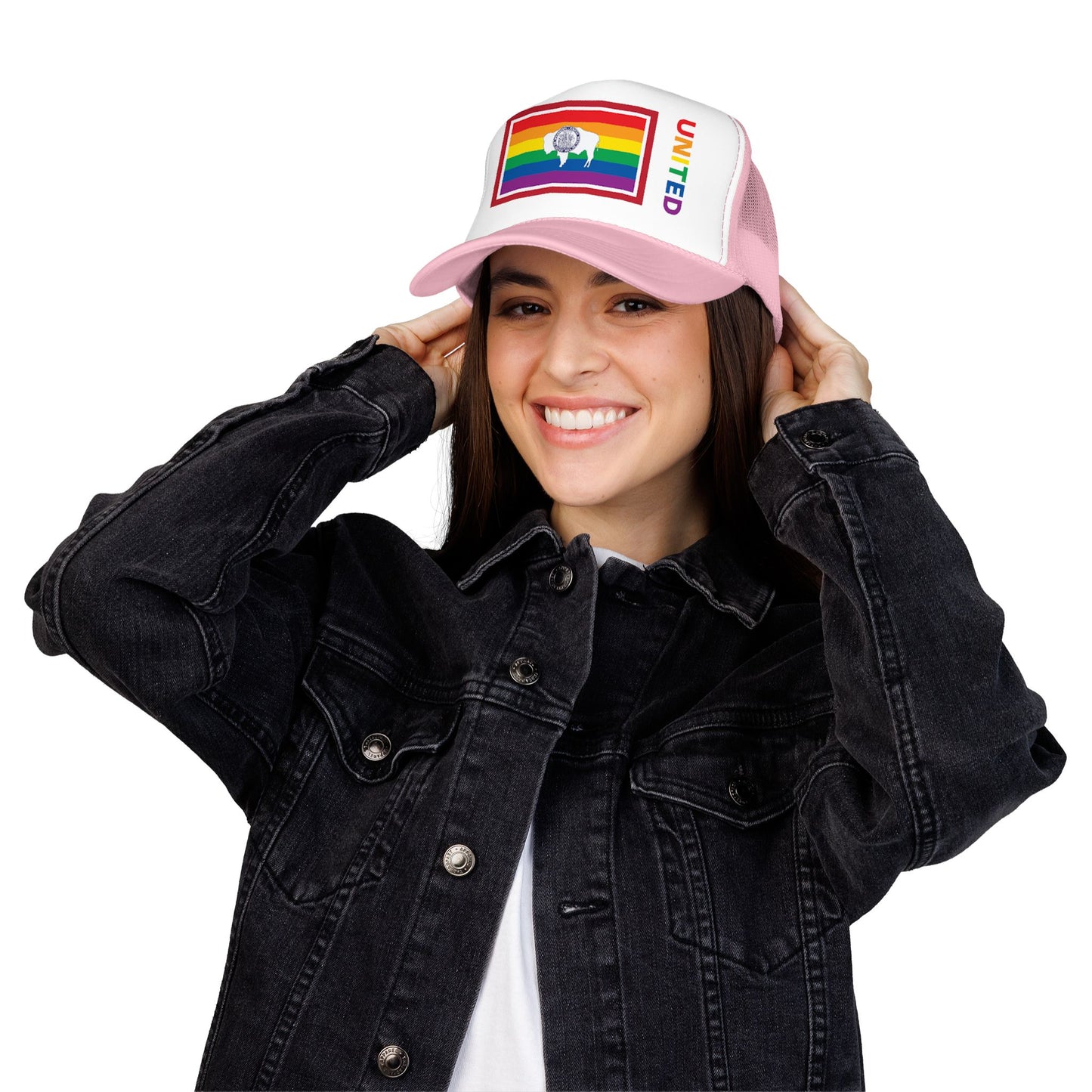 Wyoming Rainbow Pride Flag "UNITED" Printed Foam Trucker Hat, Several Color Options