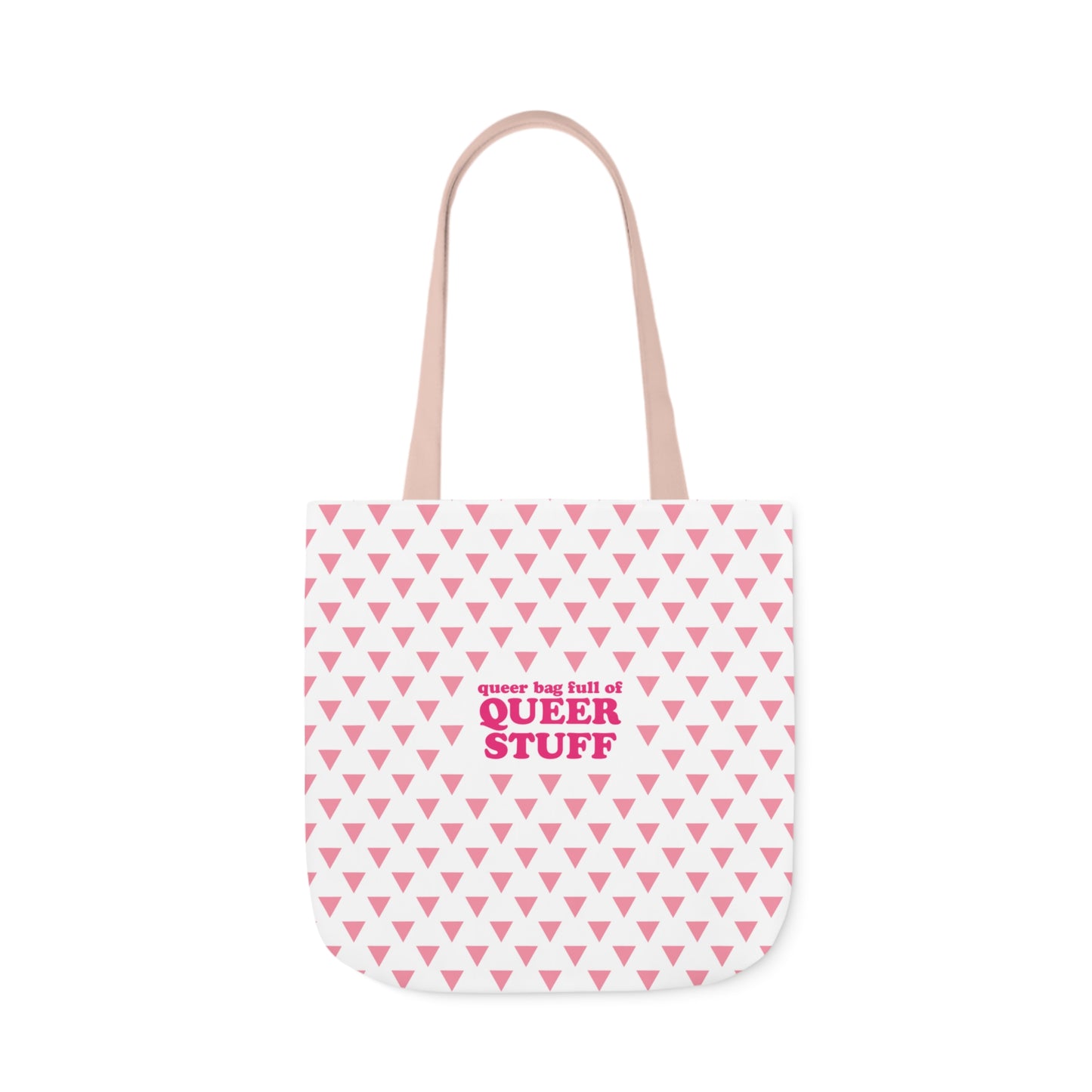 Queer Bag Full of QUEER STUFF Canvas Tote Bag - White with Pink Deck; Straps in White, Light Blue and Light Pink