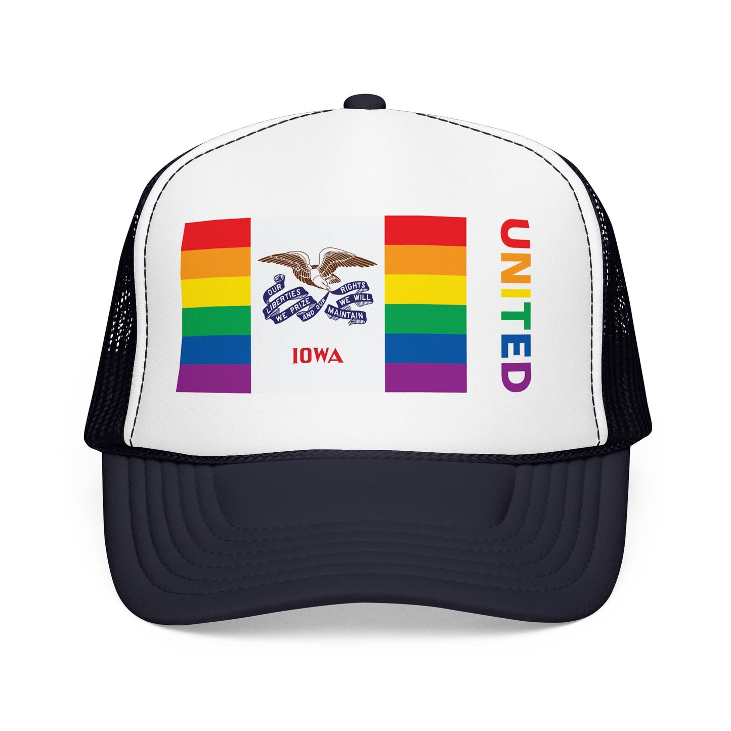 Iowa Rainbow Pride Flag "UNITED" Printed Foam Trucker Hat, Several Color Options
