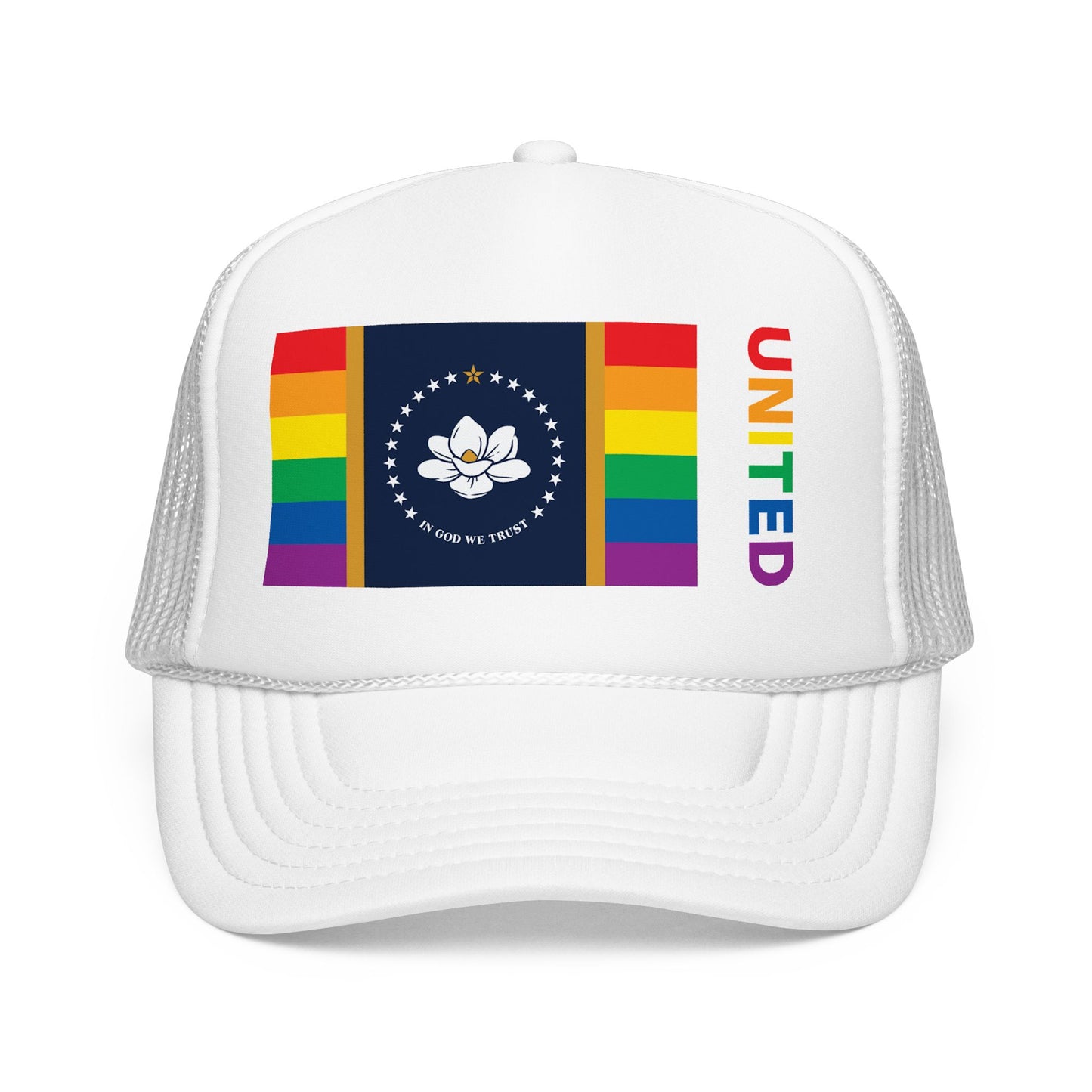 Mississippi Rainbow Pride Flag "UNITED" Printed Foam Trucker Hat, Several Color Options