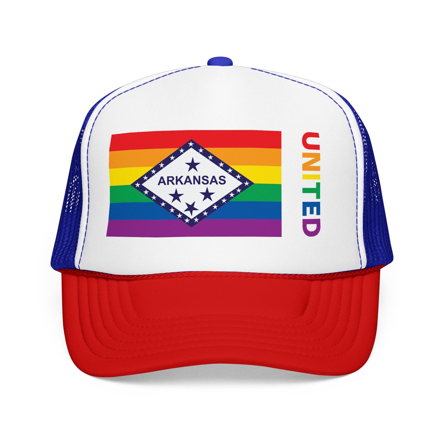 Arkansas Rainbow Pride Flag "UNITED" Printed Foam Trucker Hat, Several Color Options