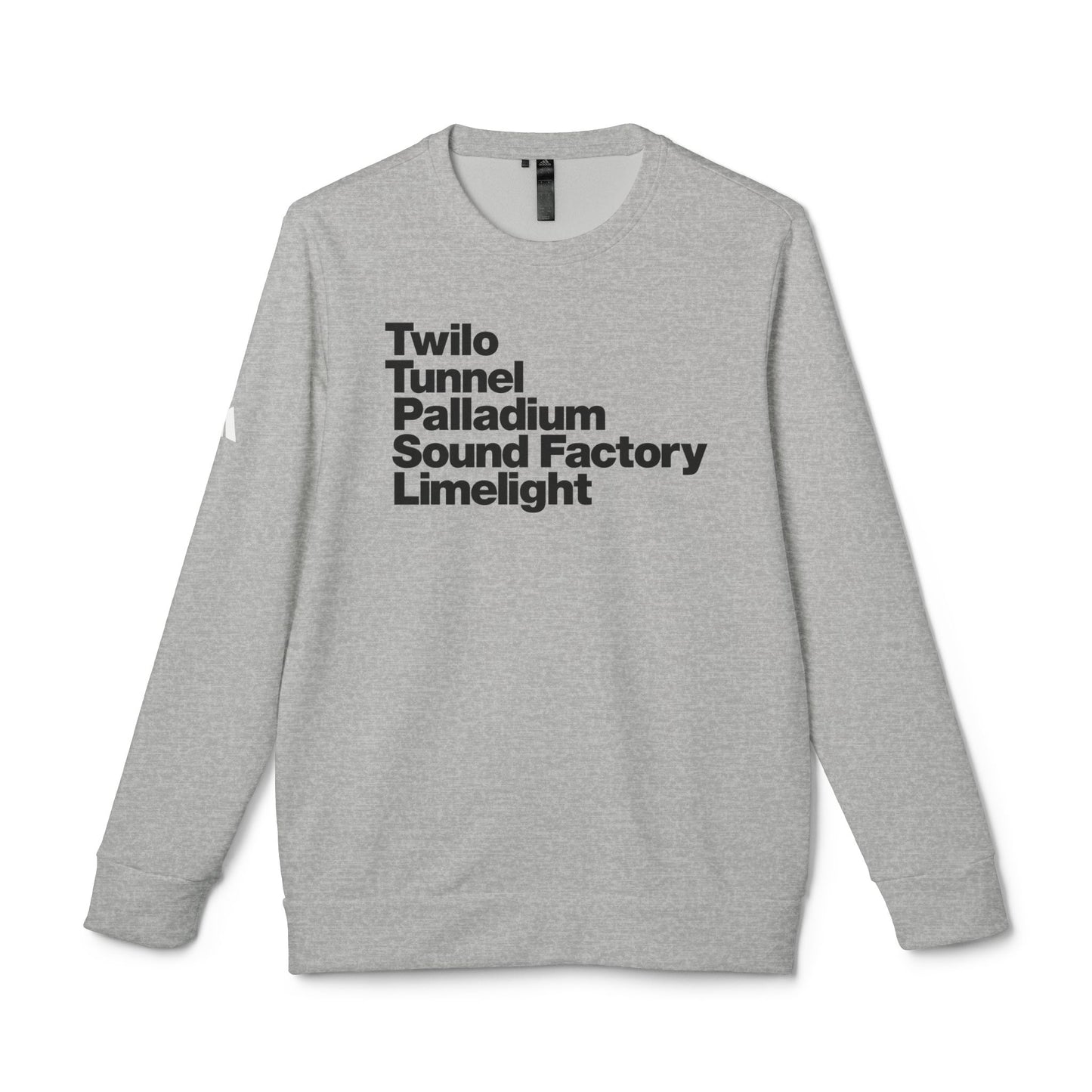 Twilo Tunnel Limelight Palladium Sound Factory Adidas® Fleece Crewneck Sweatshirt - NYC 90s Nightlife Collection - Black Deco on Gray Heather