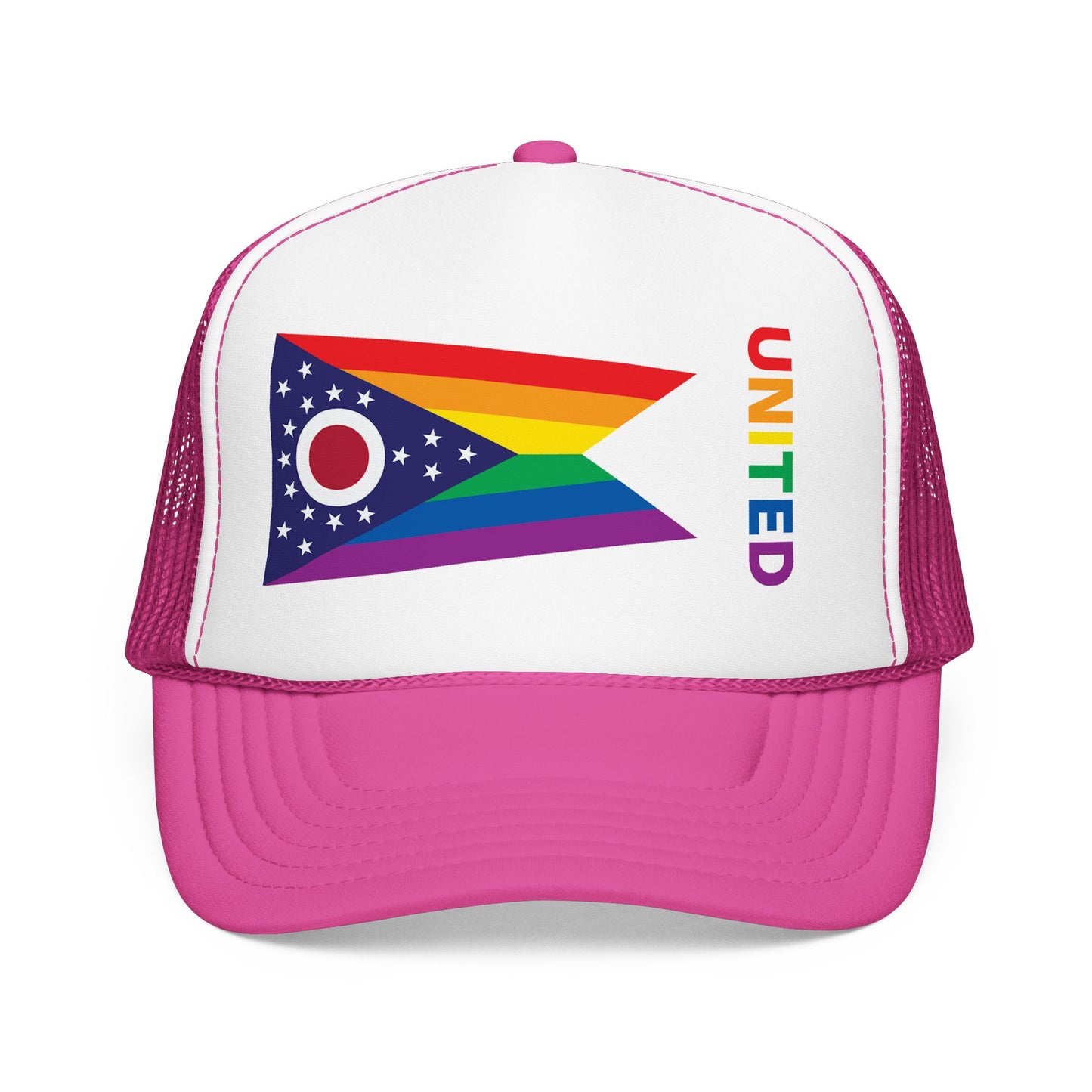 Ohio Rainbow Pride Flag "UNITED" Printed Foam Trucker Hat, Several Color Options