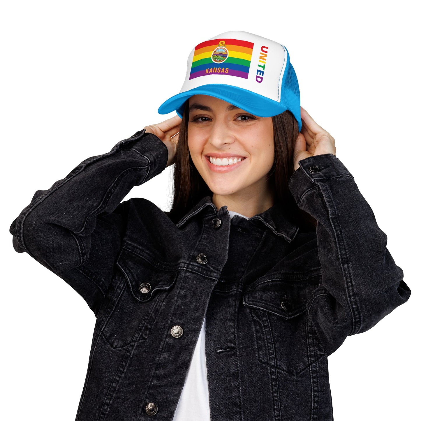 Kansas Rainbow Pride Flag "UNITED" Printed Foam Trucker Hat, Several Color Options