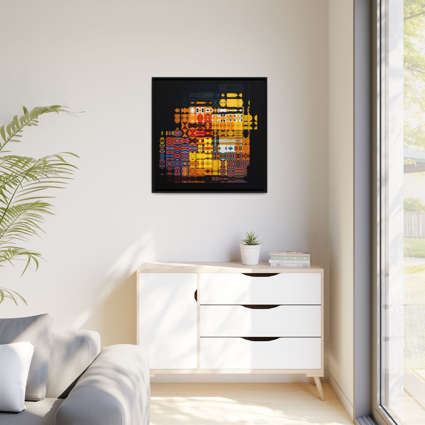 Iconic Domestic Partners in Plain Sight: Bert, Ernie, and Rubber Ducky Abstract Portrait Collage Art — Matte Canvas, Framed (Multi-color options)