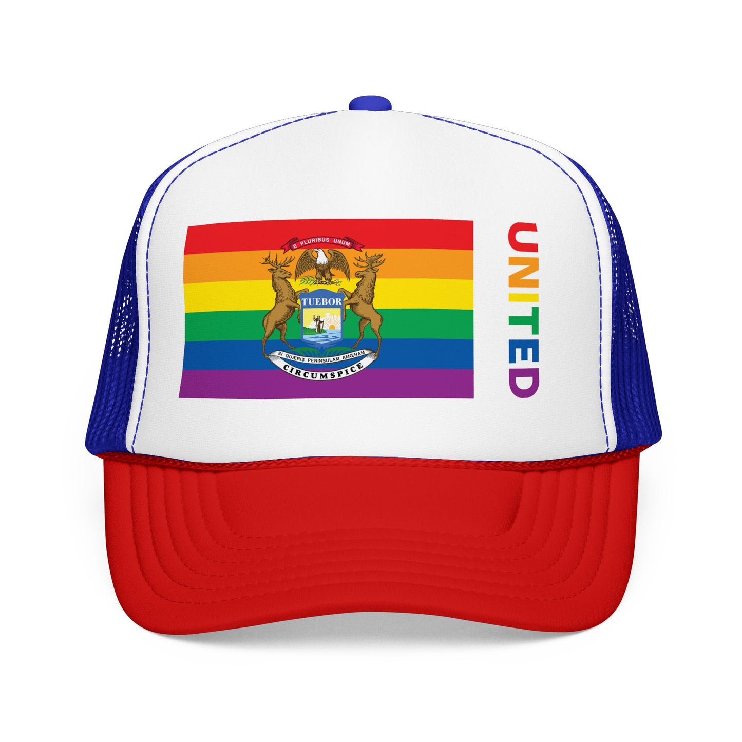 Michigan Rainbow Pride Flag "UNITED" Printed Foam Trucker Hat, Several Color Options