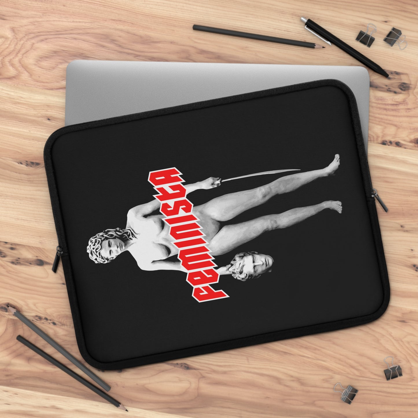 FEMINISTA Medusa Laptop Sleeve - Bold Black, White and Red Deco on Black