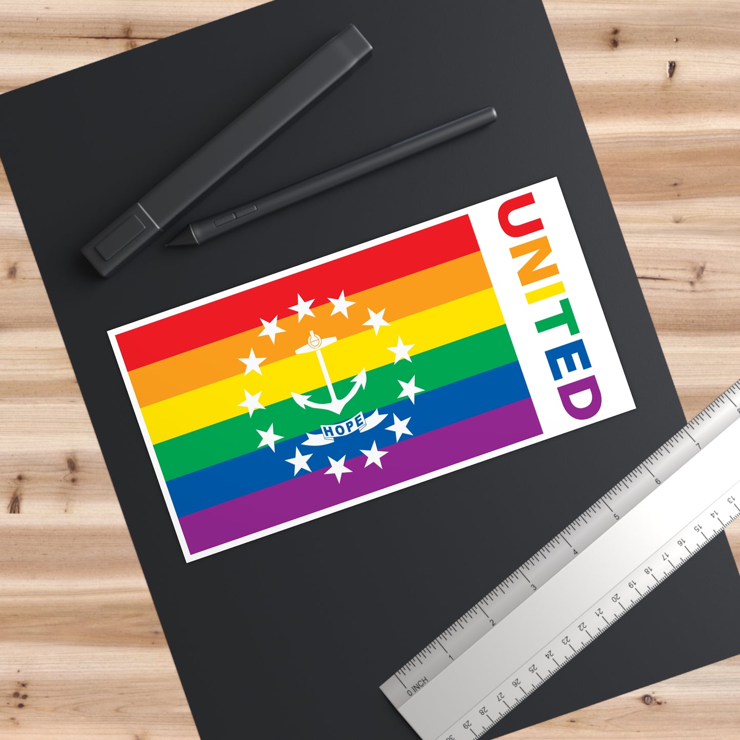 Rhode Island Rainbow Pride Flag "UNITED" Bumper Sticker