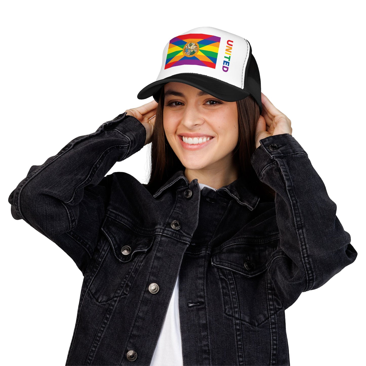 Florida Rainbow Pride Flag "UNITED" Printed Foam Trucker Hat, Several Color Options
